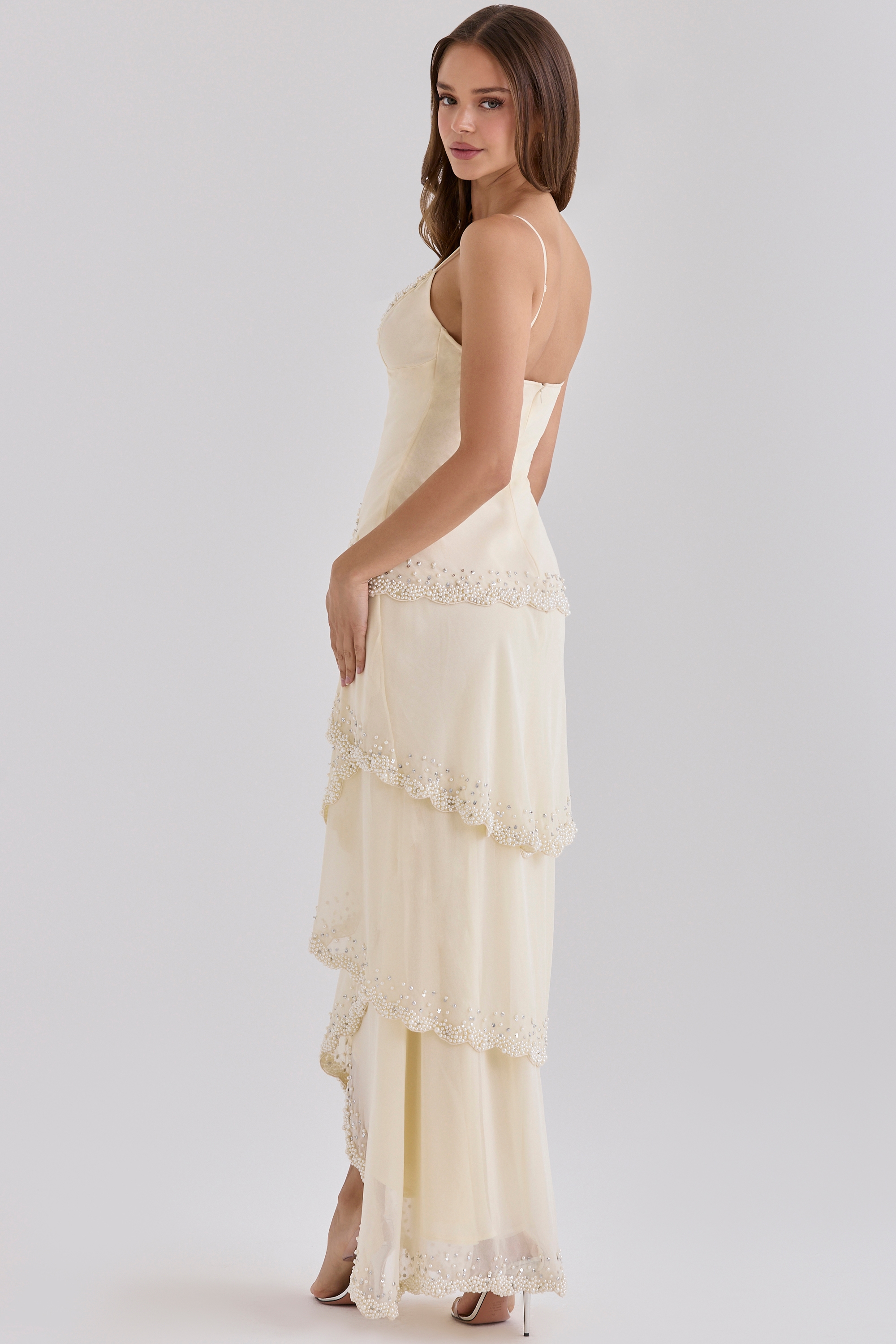 Sorelle Vanilla Georgette Hand Embellished Tiered Maxi Dress