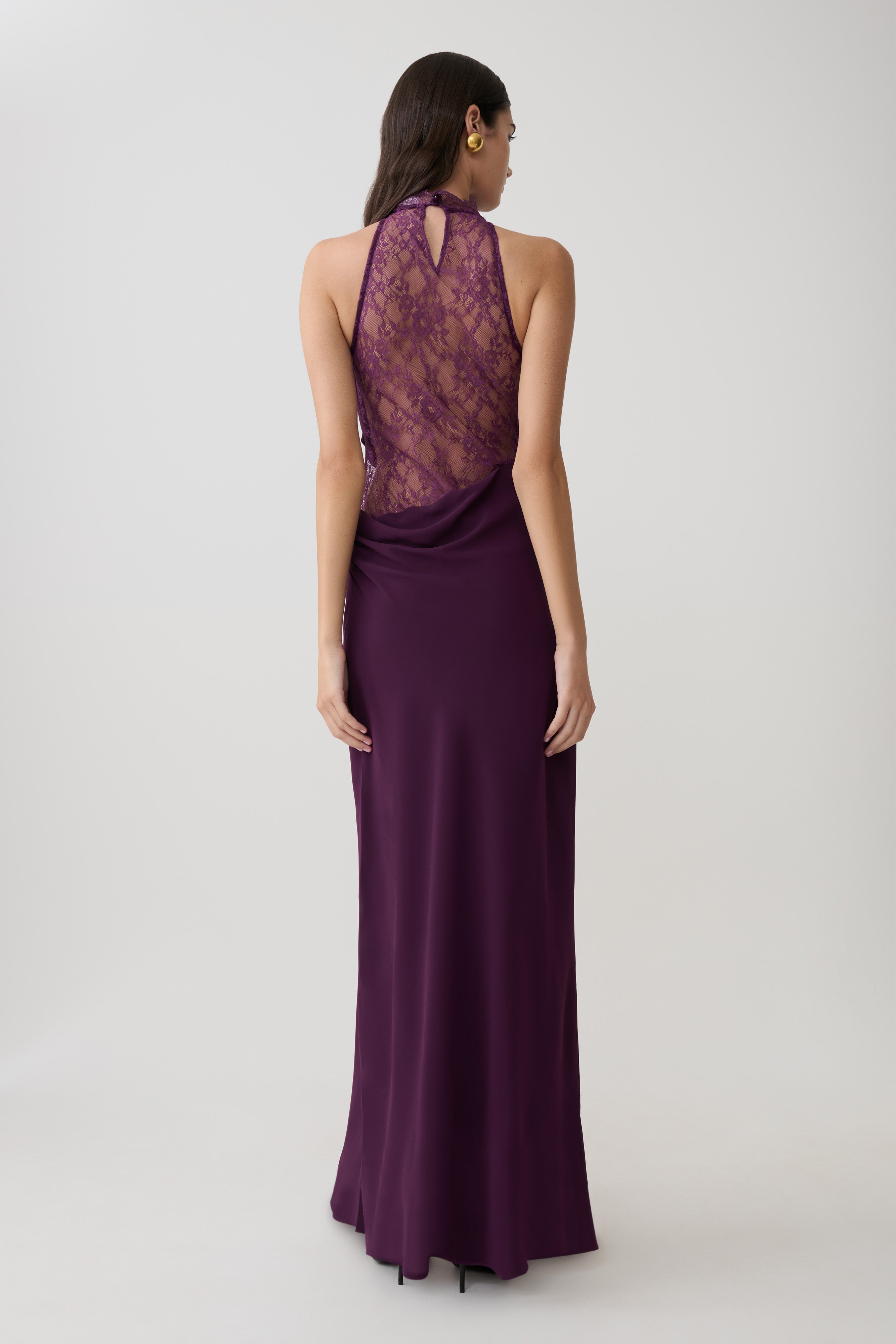 Chiffon And Lace Halter Maxi Dress - Plum