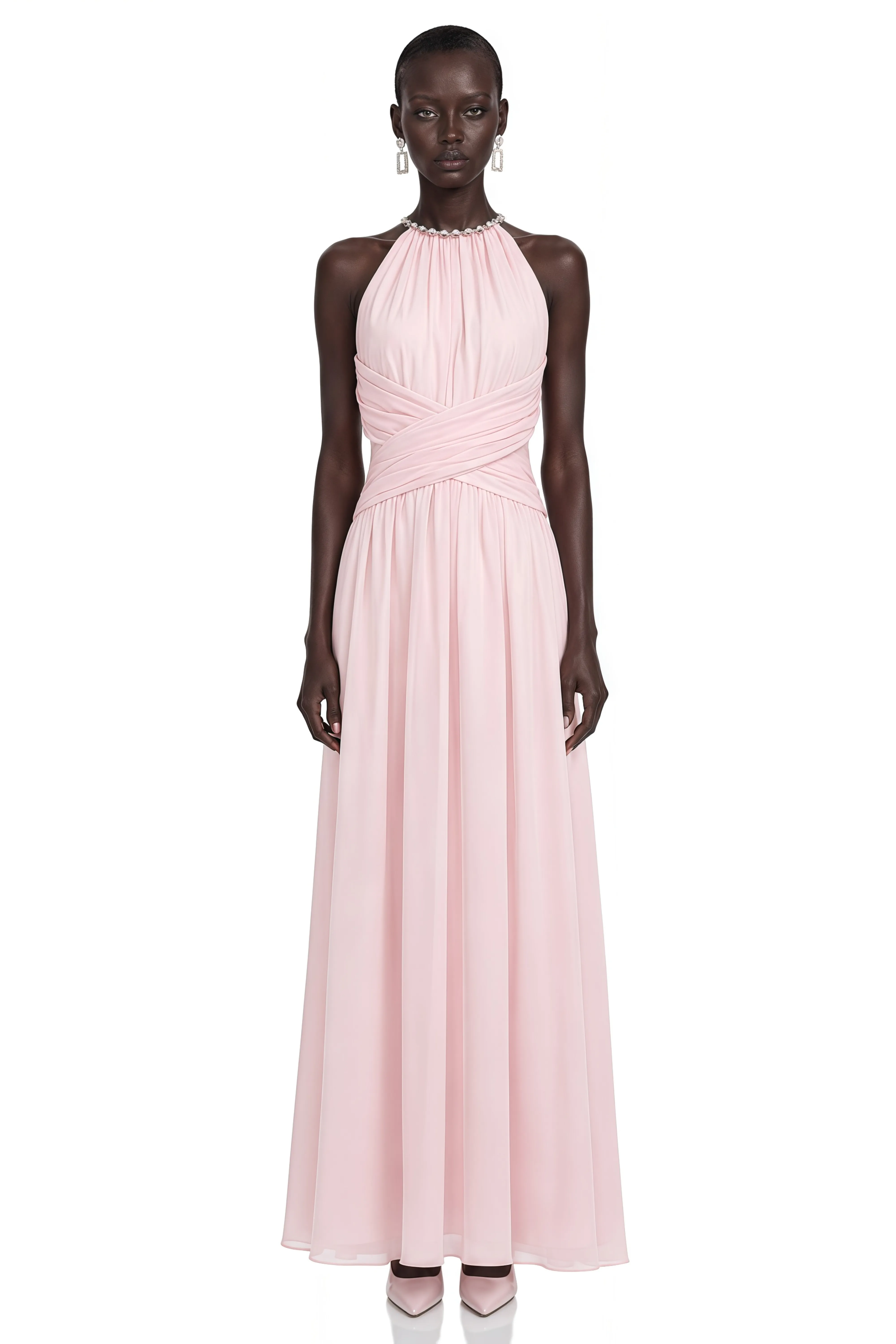 Maristelle Pink Ruched Halterneck Maxi Dress