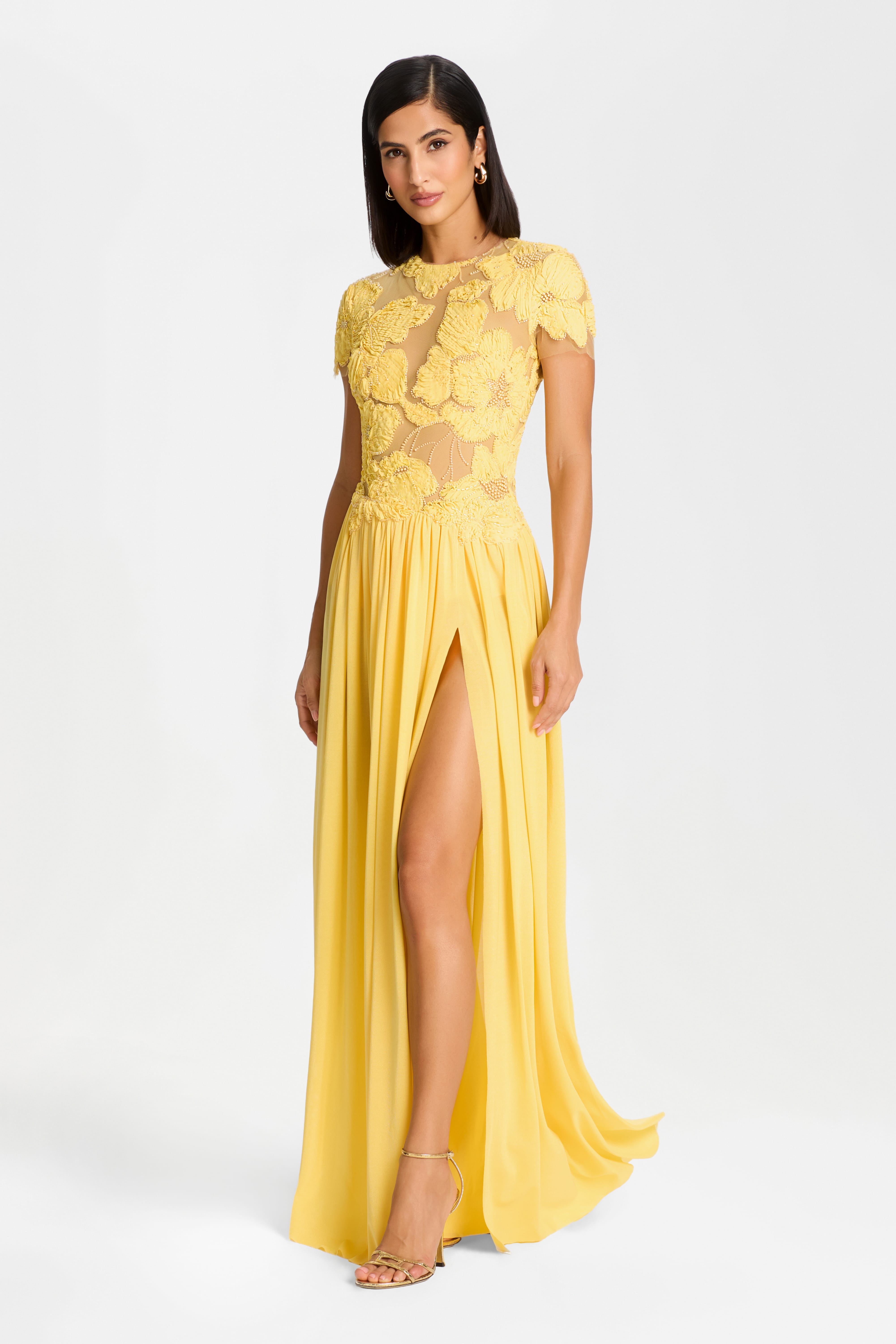 Sheer Neck Floral Applique High Slit Gown