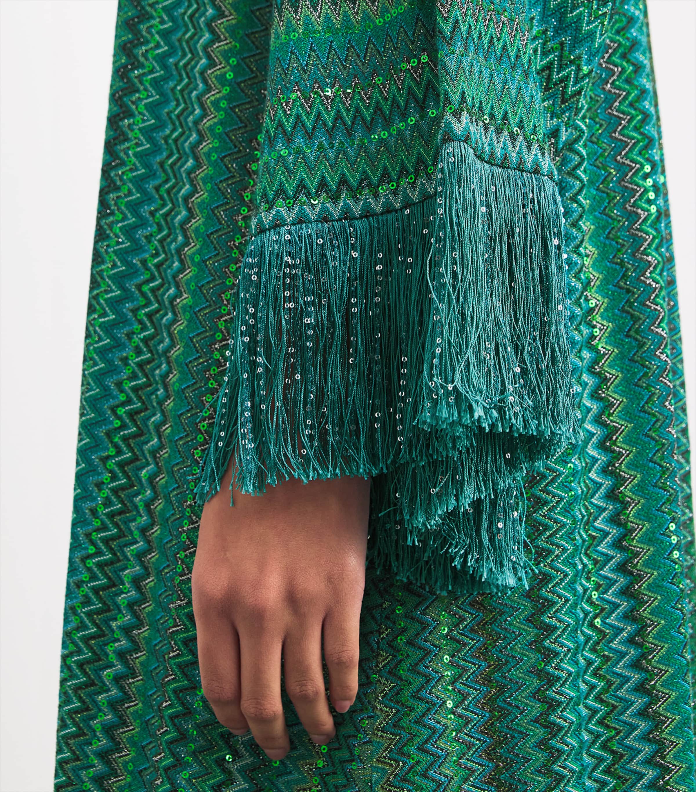 Green Zigzag Fringe Kaftan Maxi Dress