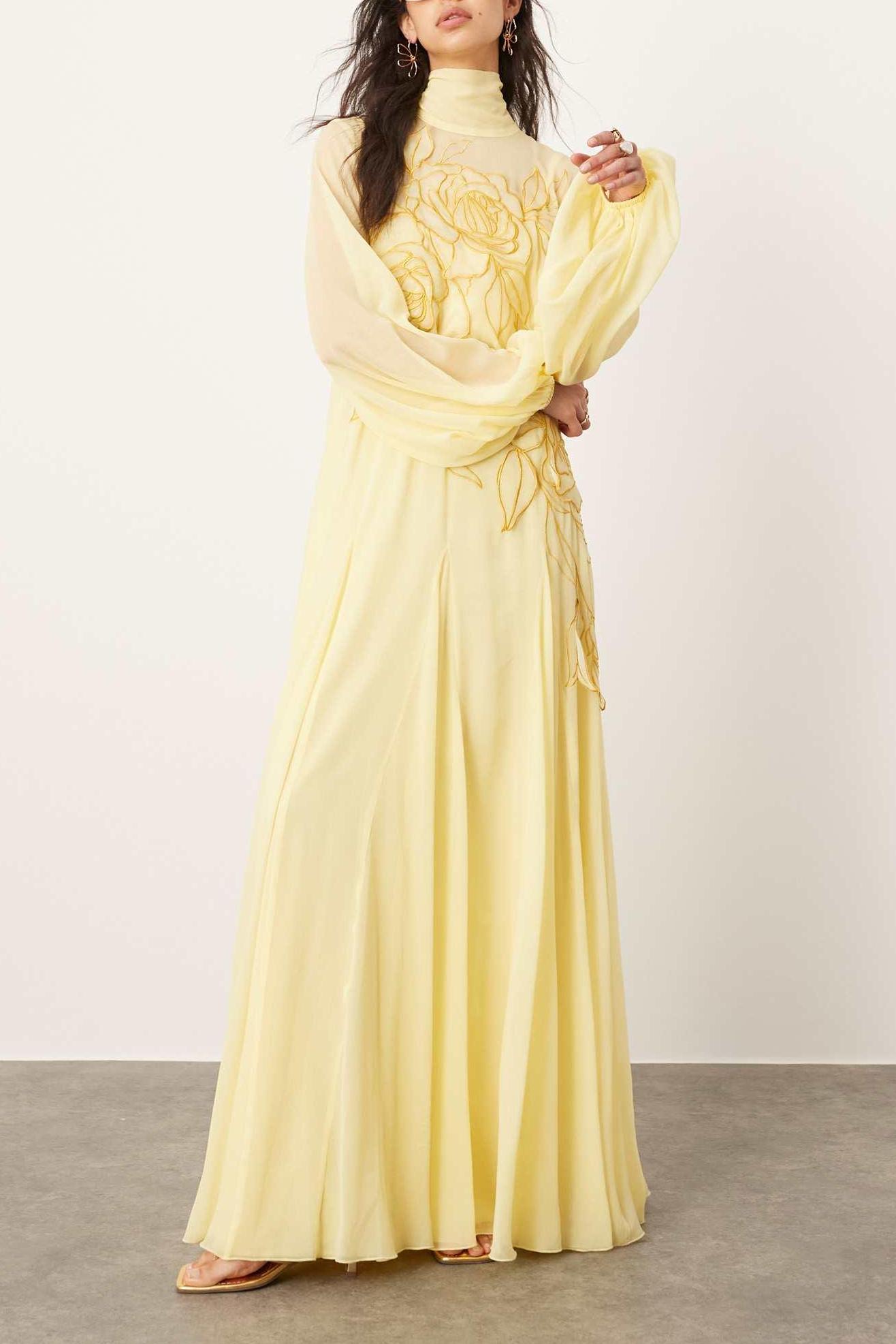 Embroidered Chiffon Lantern Sleeve Maxi Dress
