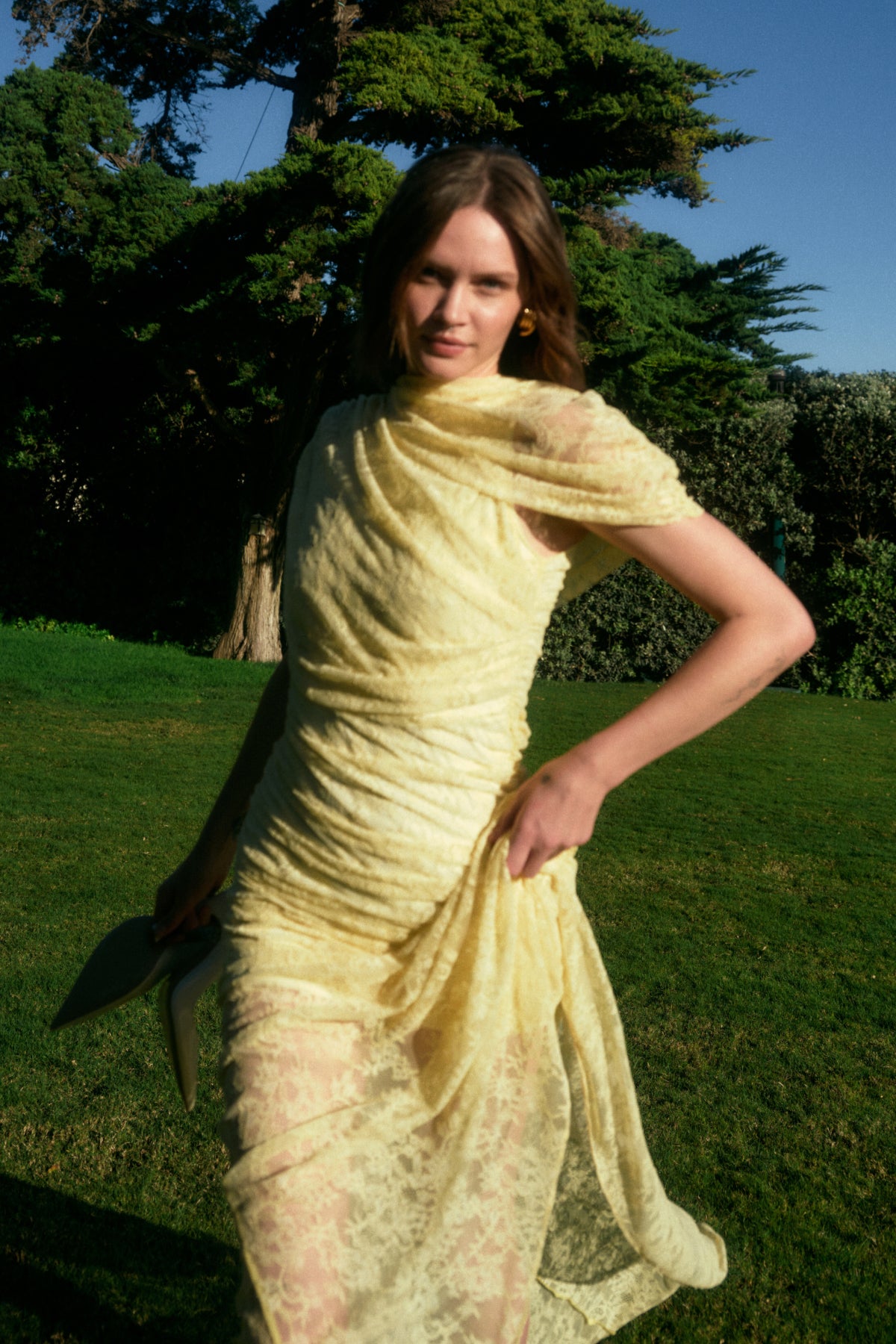 Evianna Pale Yellow Lace Ruched Maxi Dress