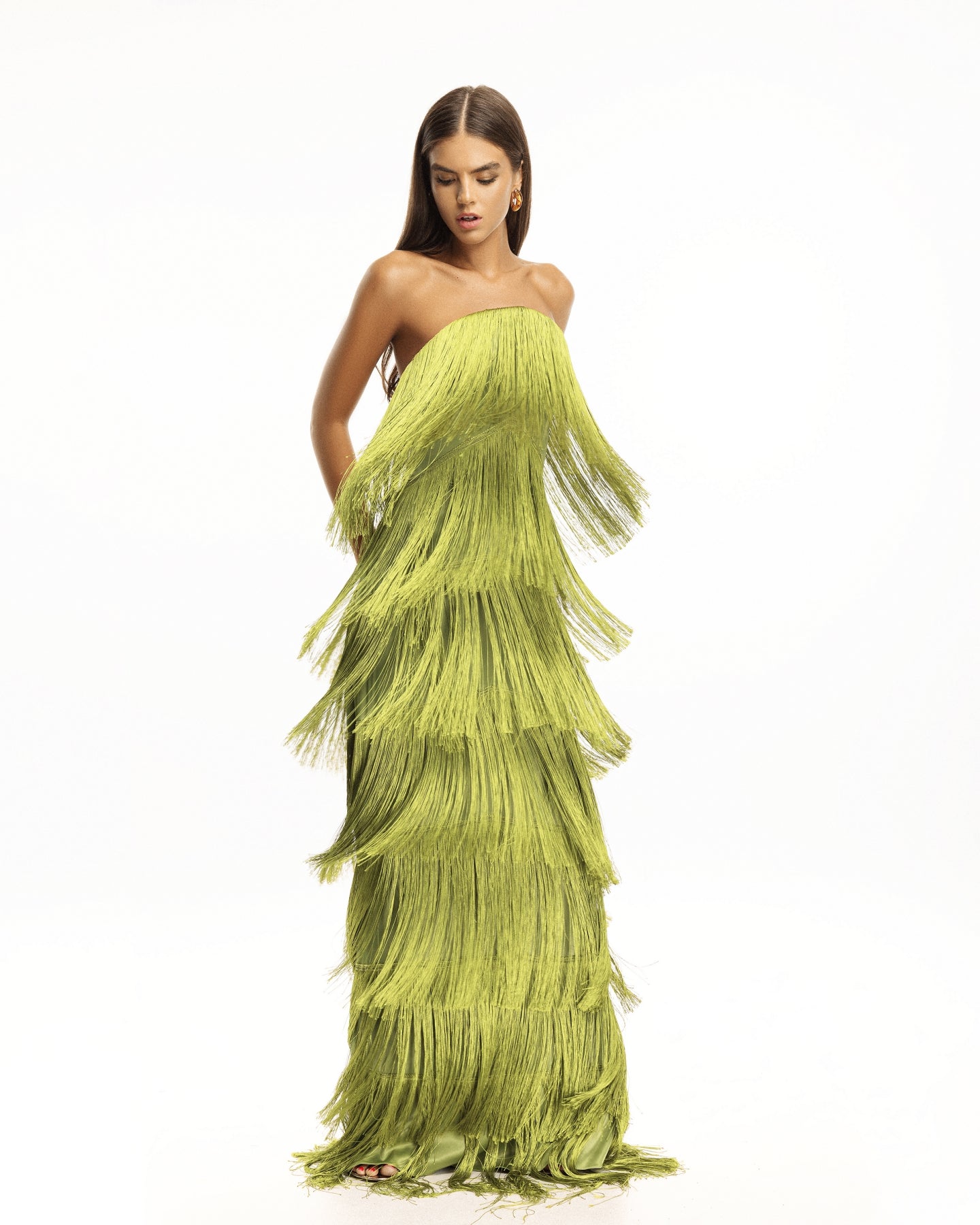 Monroe Pistachio Fringe Strapless Gown