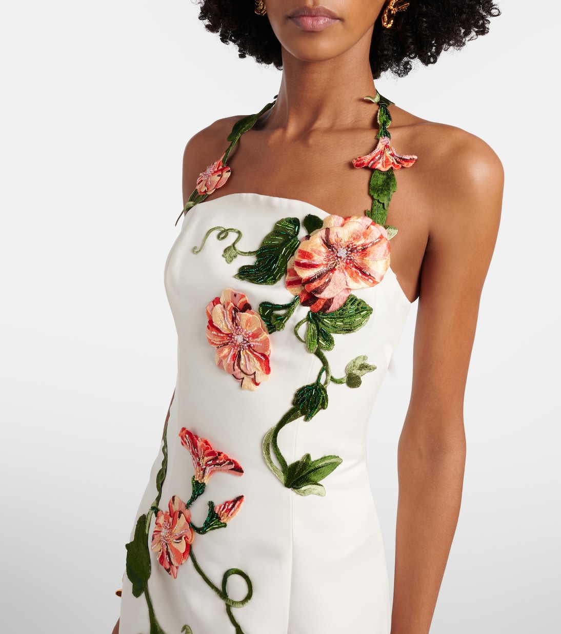 Floral-appliqué halterneck gown