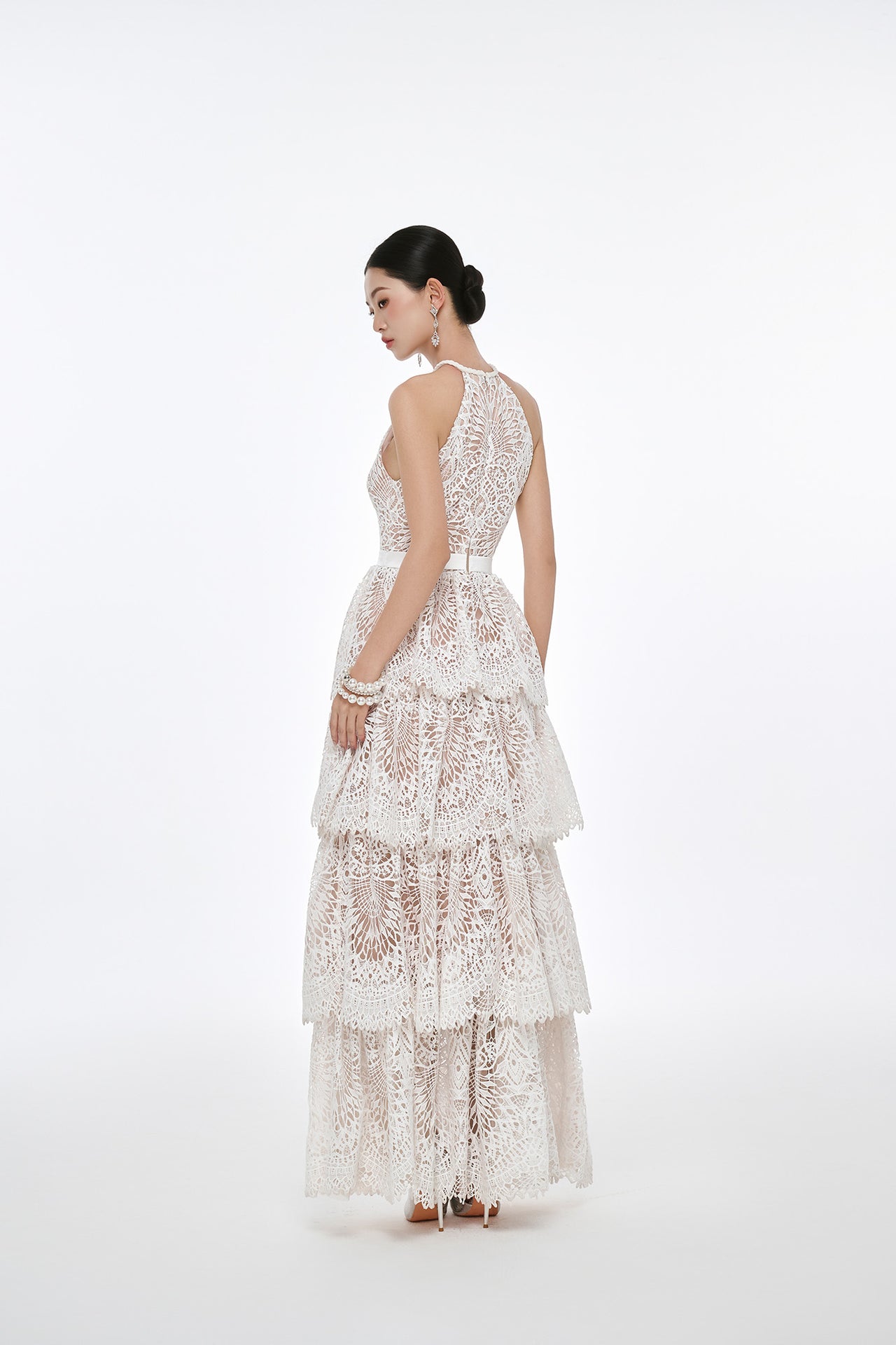 Ivory Tiered Halter Gown - White