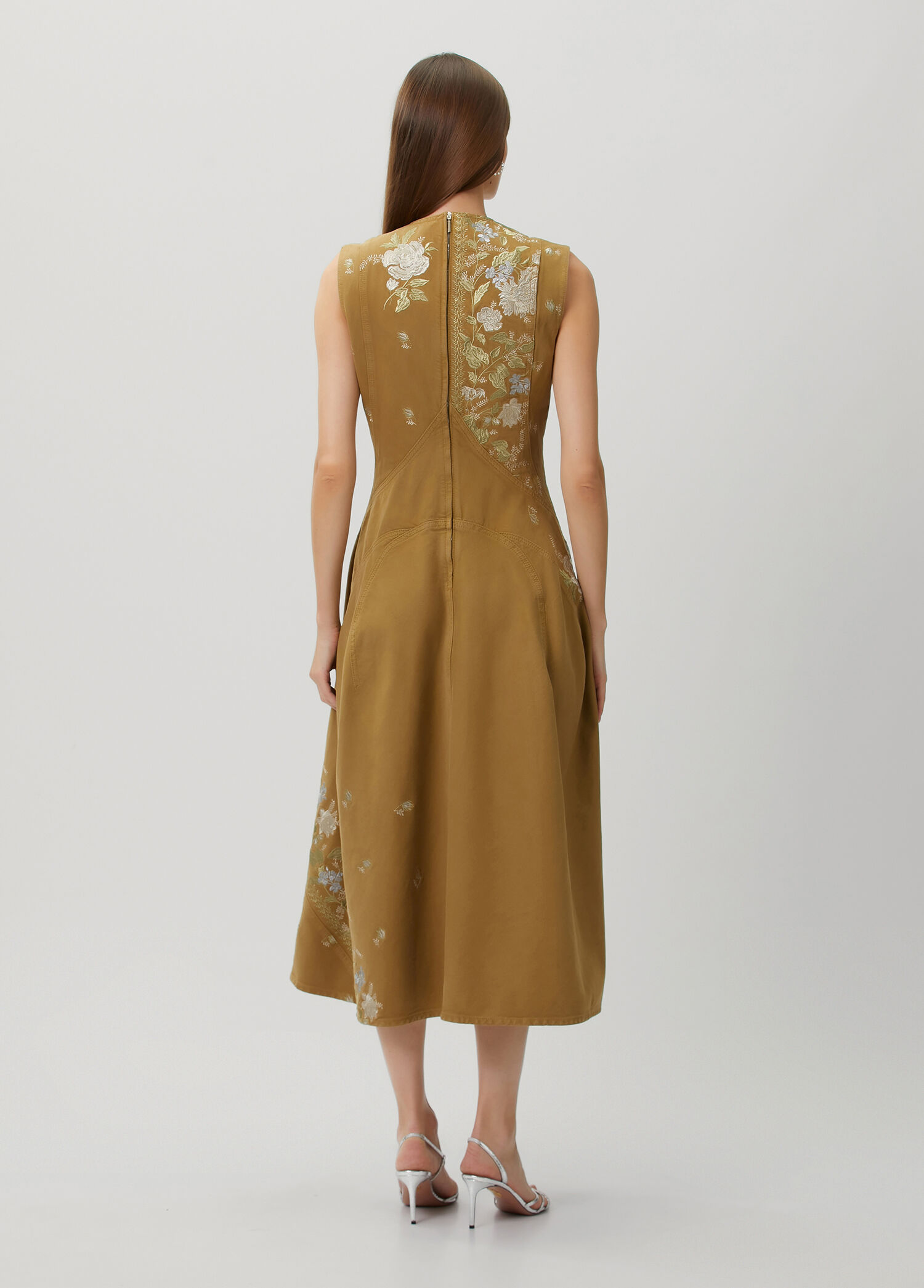 Khaki Floral Embroidered Midi Dress