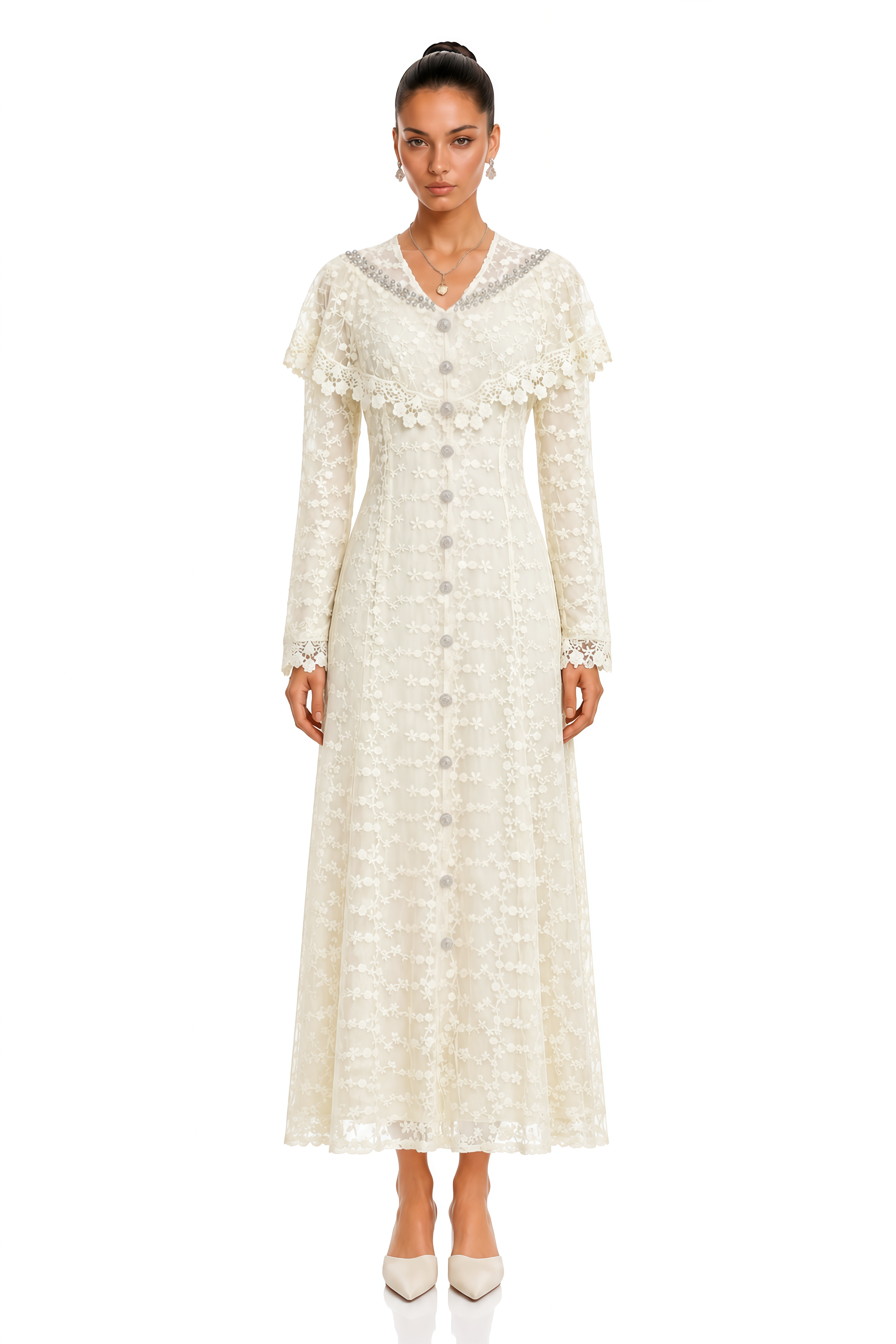Kira Neutral Lace Button-Front Maxi Dress