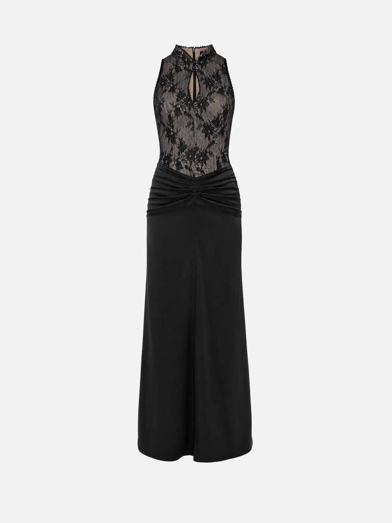 Maxi dress with a lace bodice and hip draping