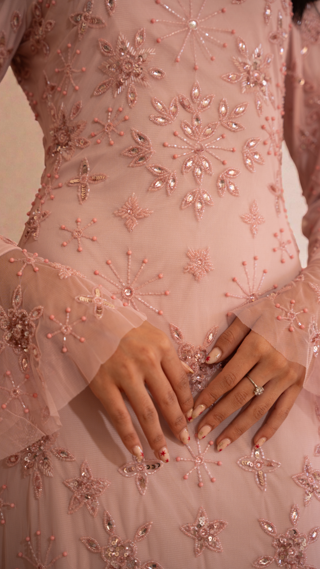Pink Star Sequin Evening Dress With Flare Sleeves