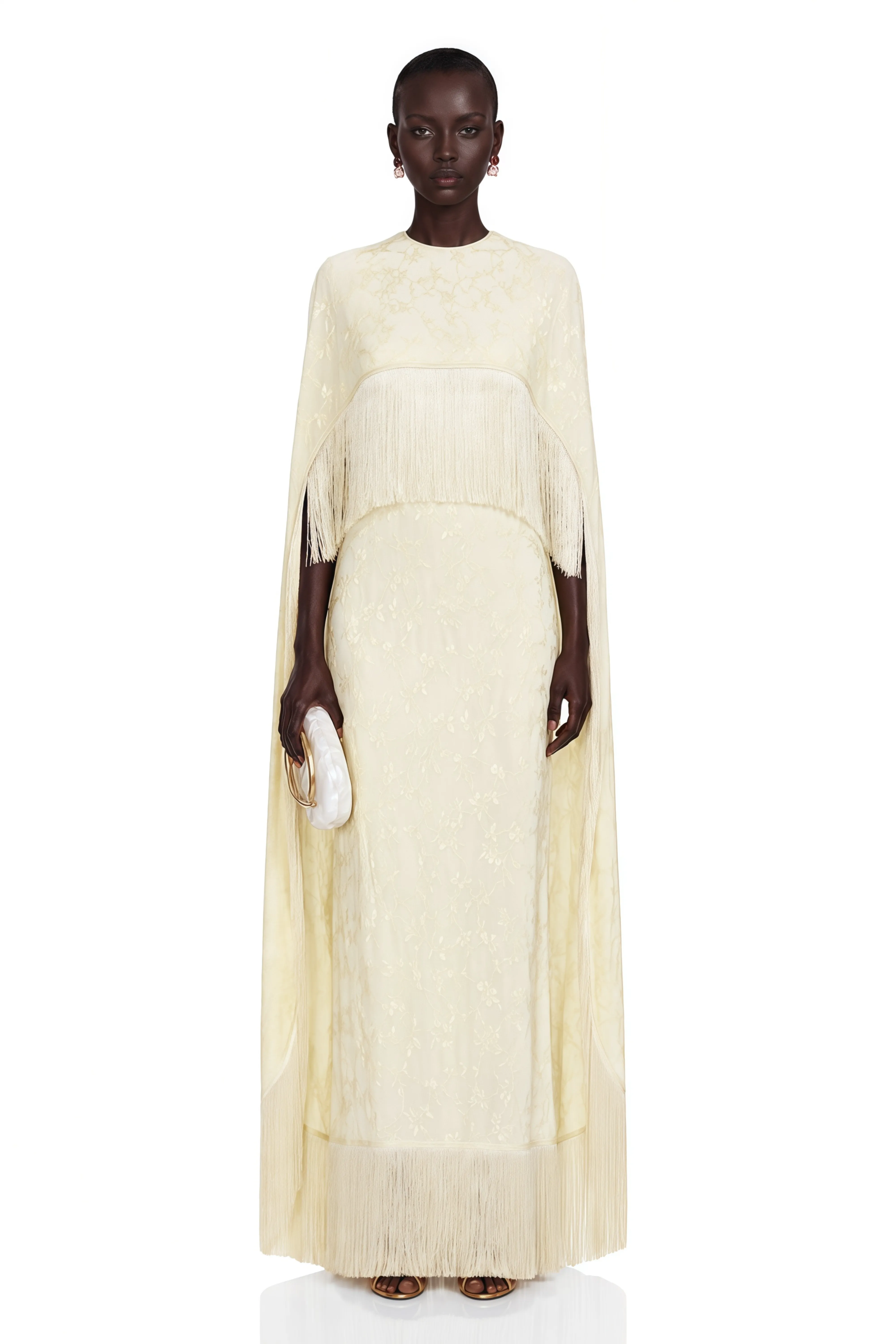 olanda Pale Yellow Maxi Dress with Cape and Fringes