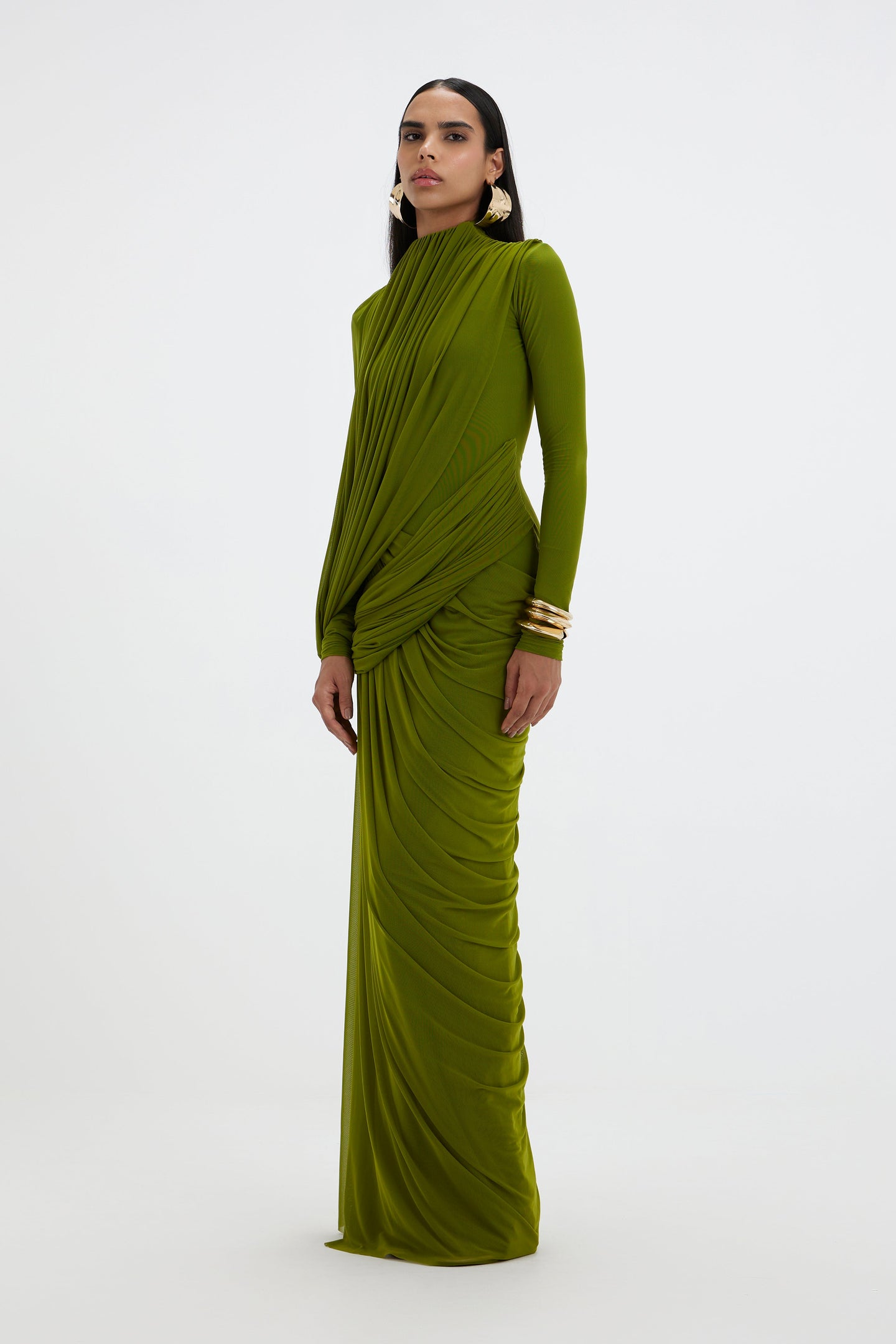 Ruched Draped Long Sleeve Mesh Maxi Dress