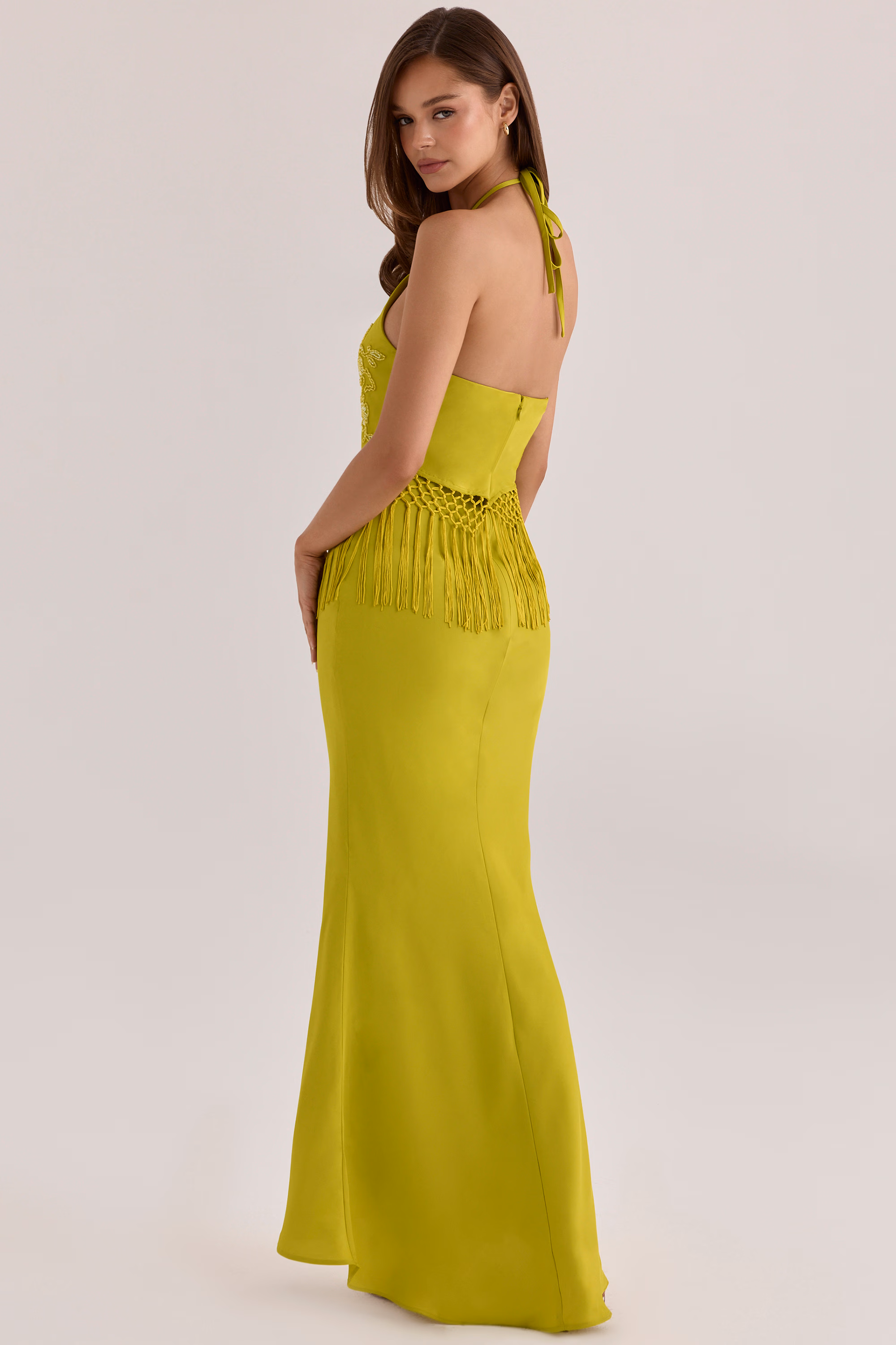 Sareena Chartreuse Satin Custom Embellished Fringed Maxi Dress