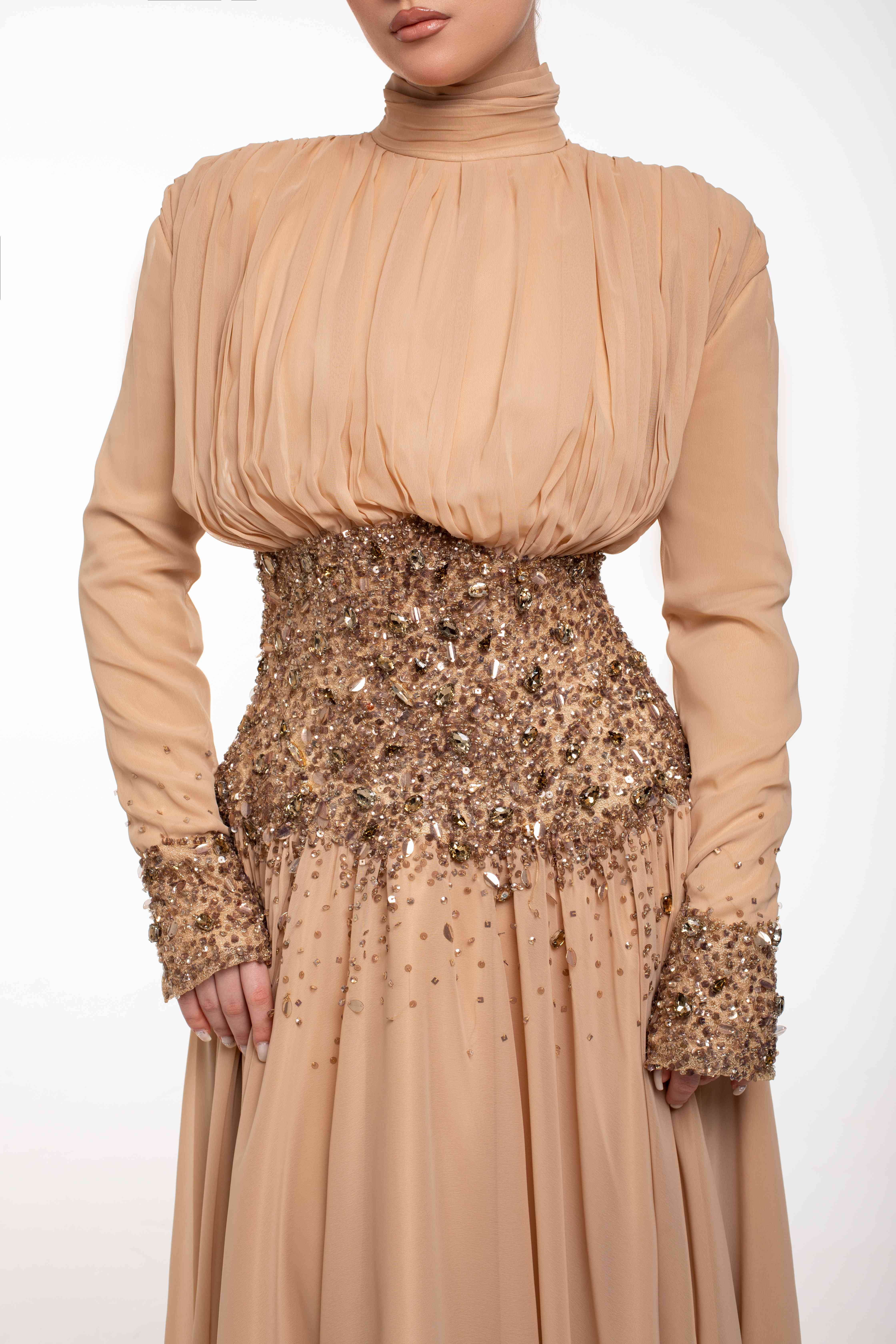 Luxury Hand-Beaded Waist Long Sleeve Chiffon Maxi Gown