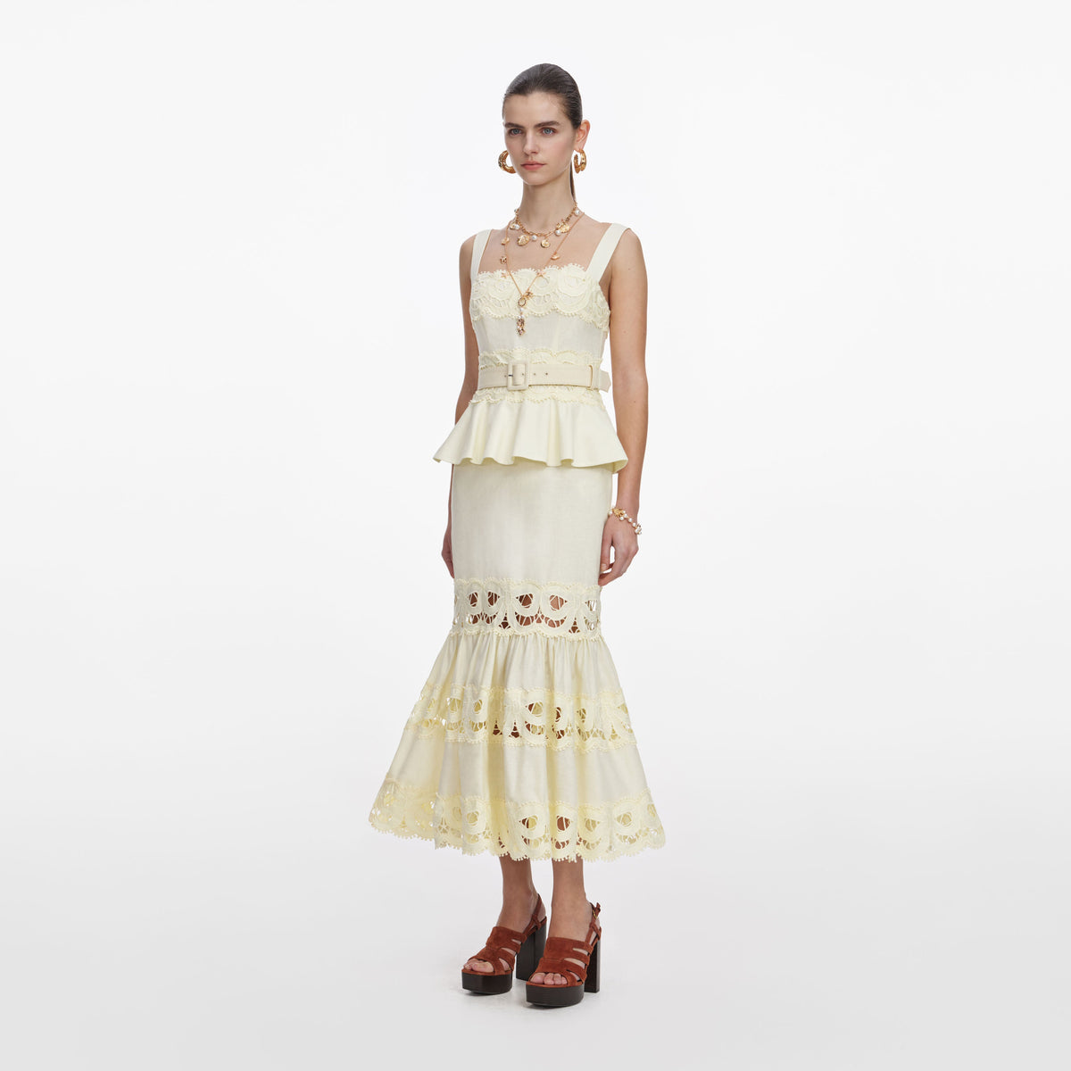 Yellow Linen Peplum Midi Dress