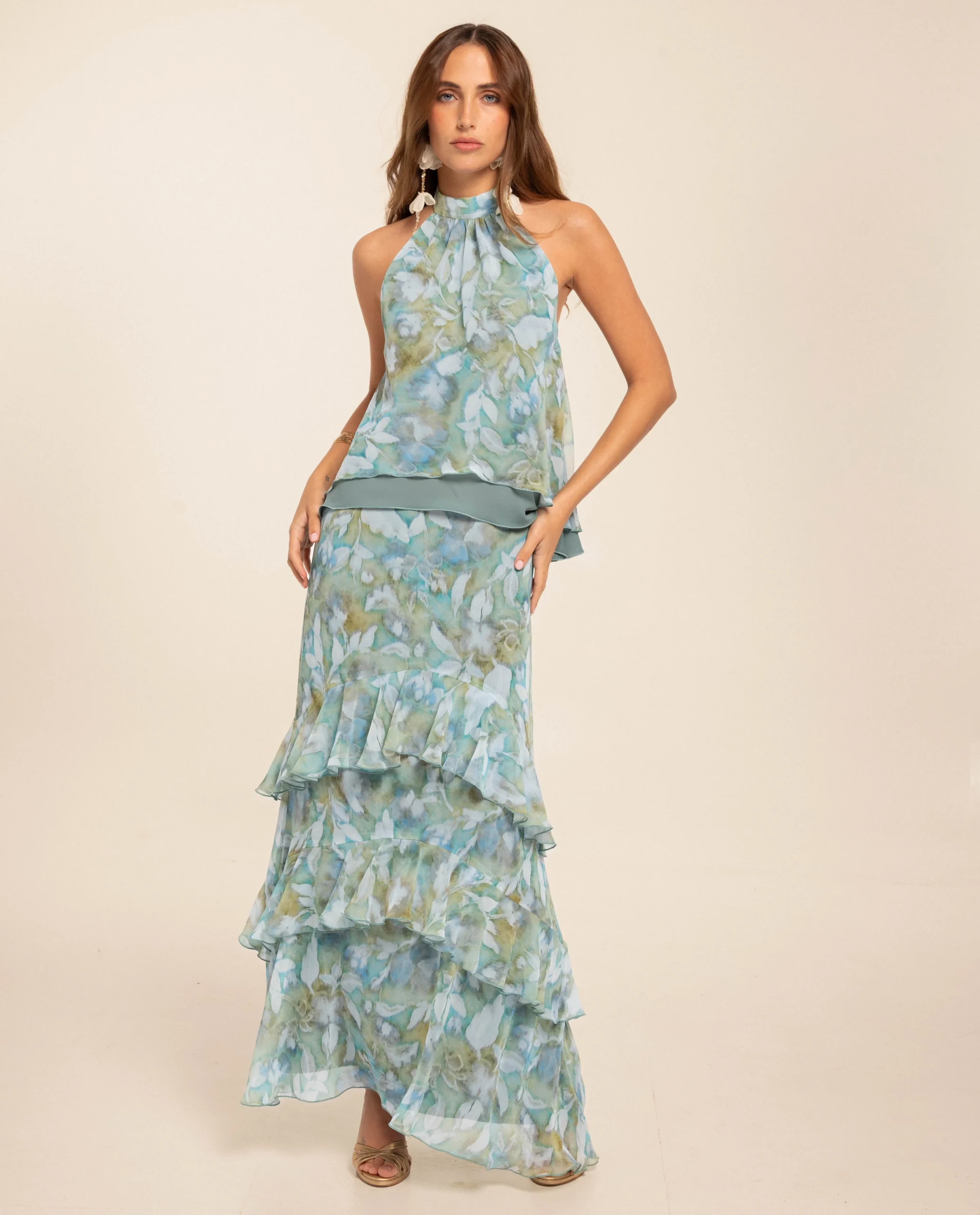 Sleeveless Halter Chiffon Top With Mermaid Ruffle Skirt
