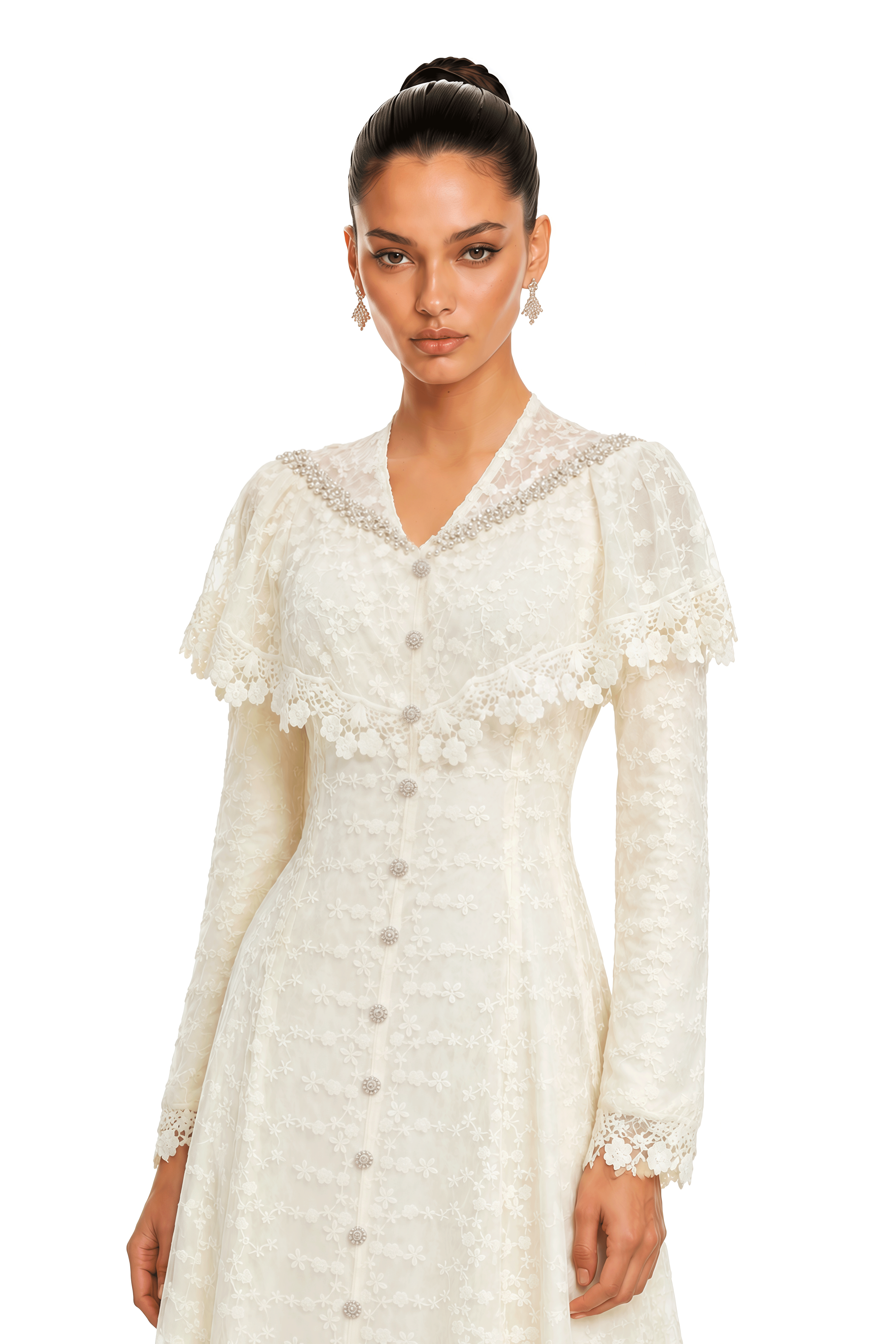 Kira Neutral Lace Button-Front Maxi Dress