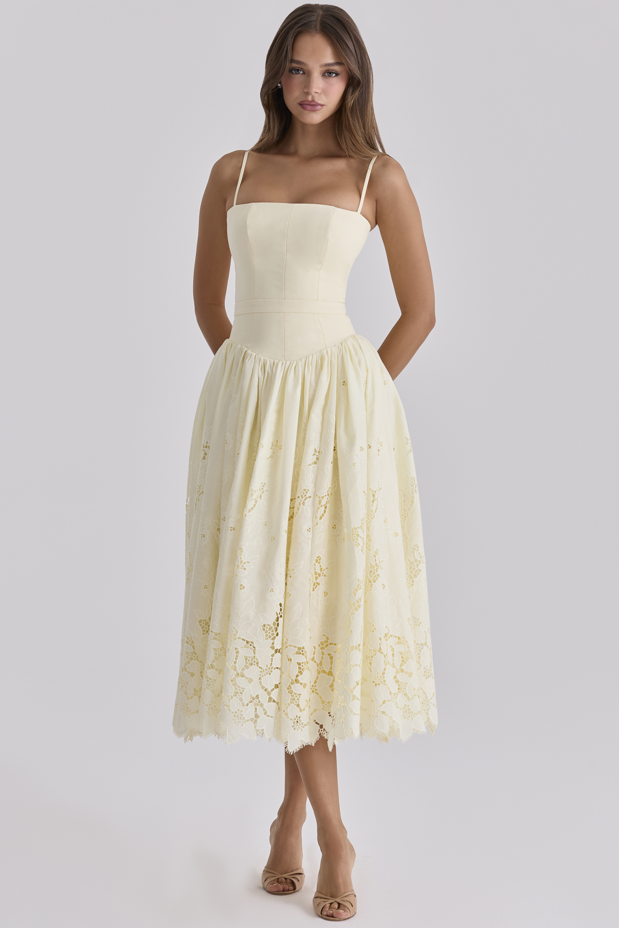 Ysabella Lemon Custom Lace + Broderie Anglaise Midi Sundress