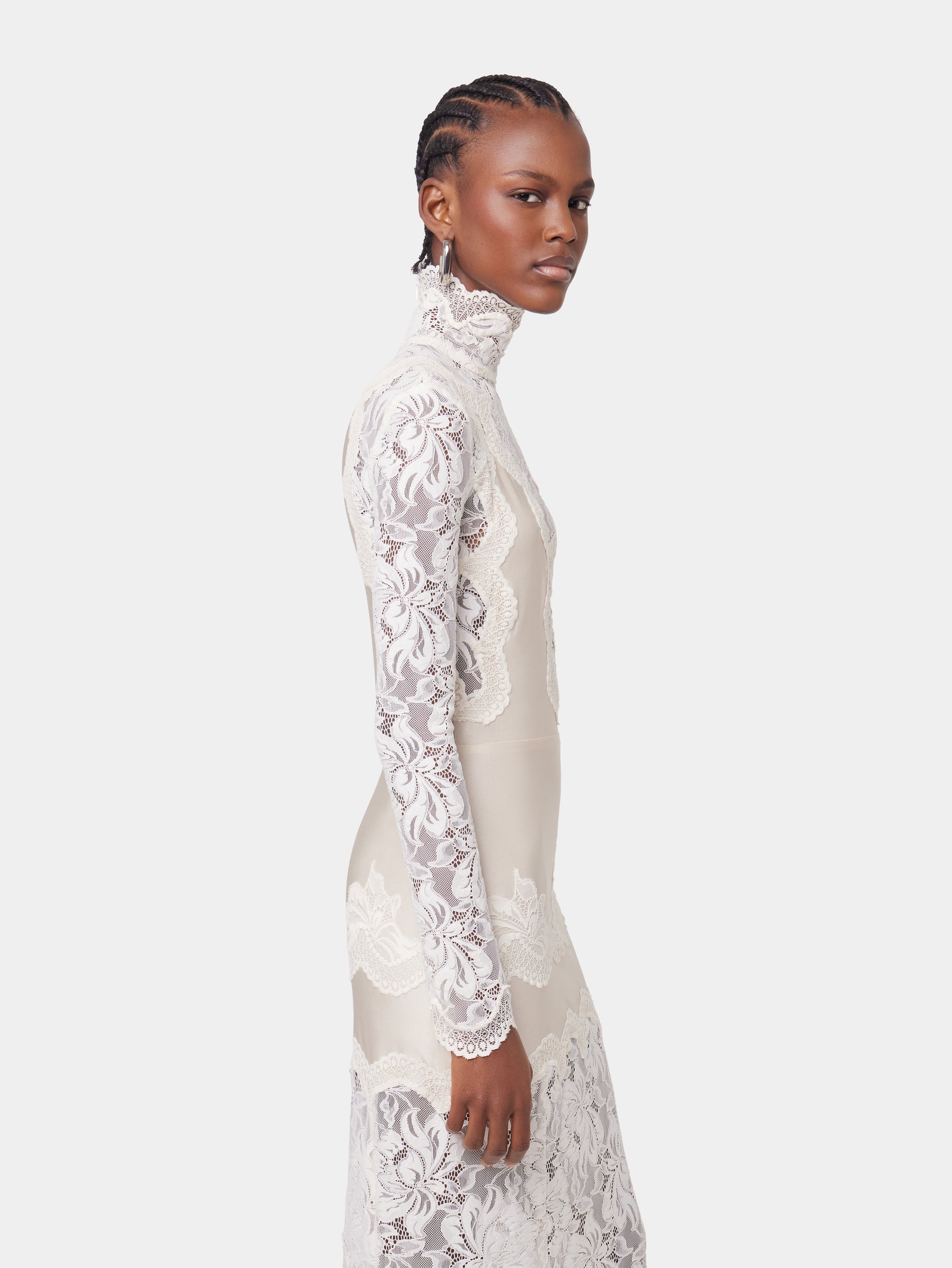 Cream Lace High Neck Long Sleeve Maxi Dress