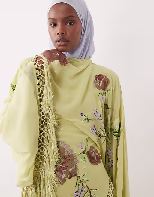 Embroidered Green Kimono Maxi Dress with Viscose Fringe