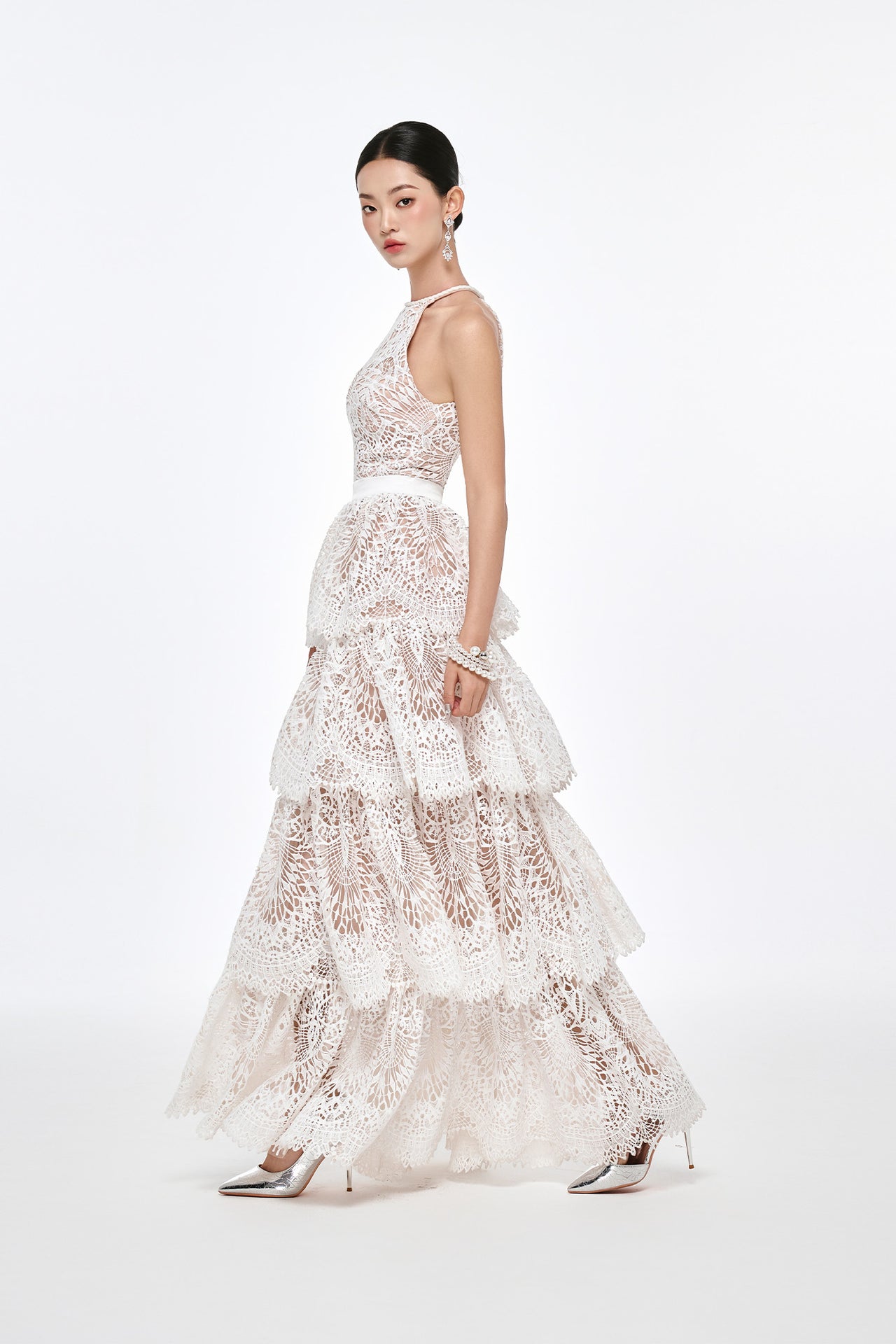 Ivory Tiered Halter Gown - White