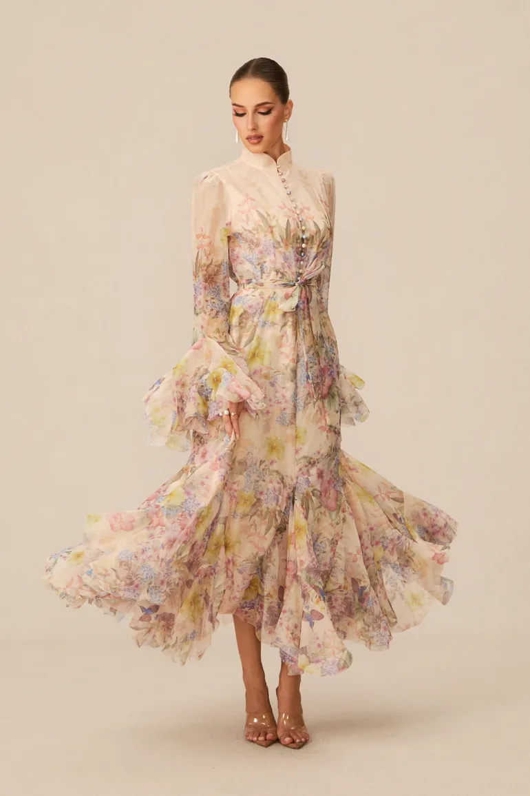 Alessia Floral Print Ruffle Cuff Maxi Dress