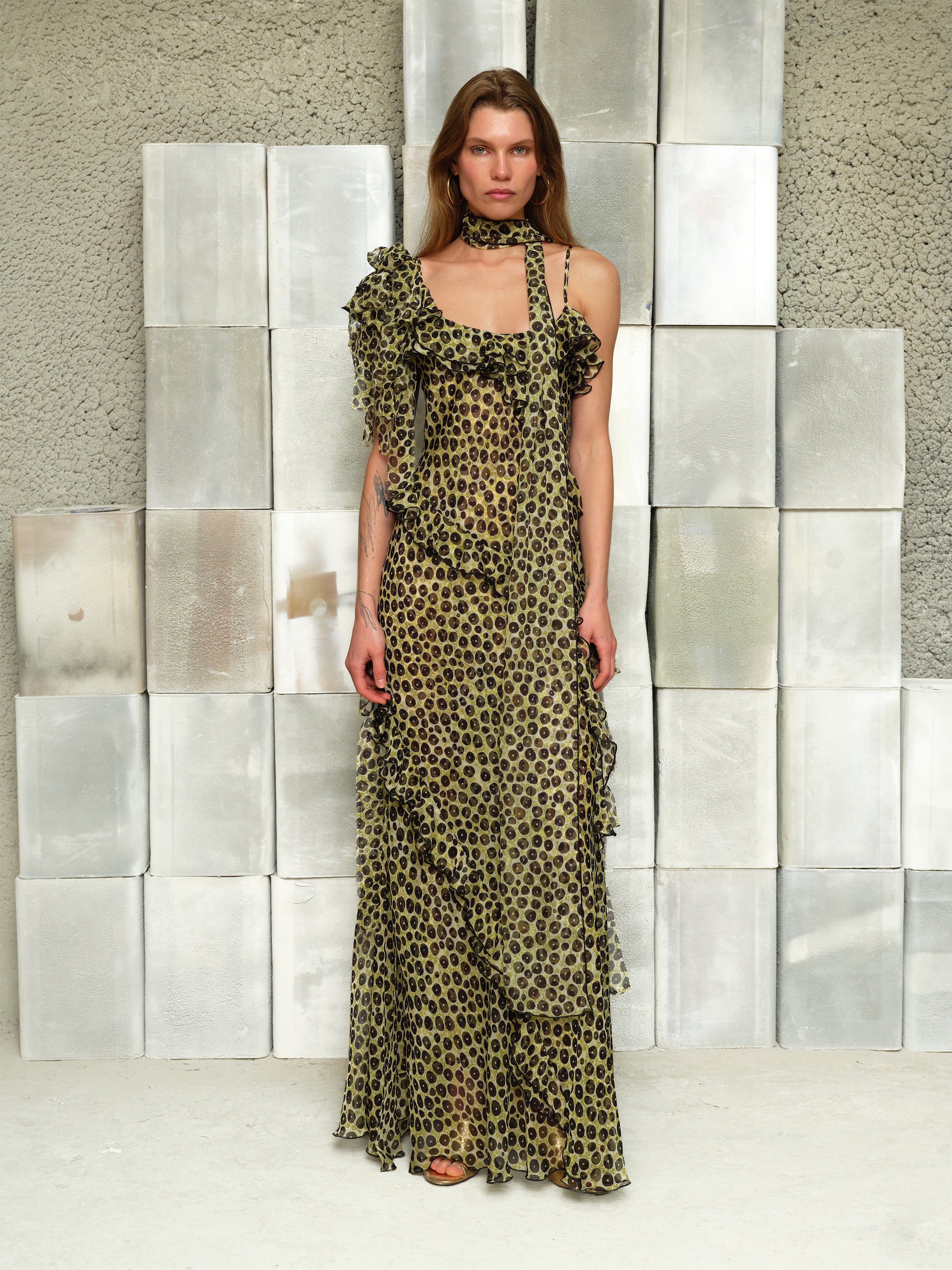 MONICA - Ruffled chiffon maxi dress with scarf detail