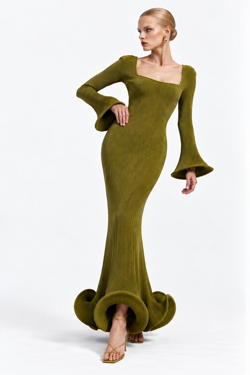 Flared Skirt with Ruffled Hem Long-sleeve Dress