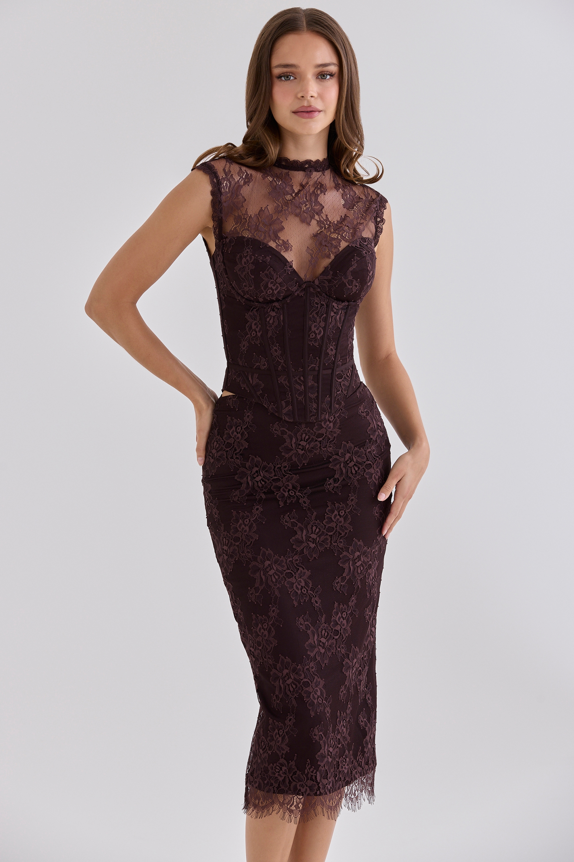 Serelle Chocolate Brown Lace Midi Skirt