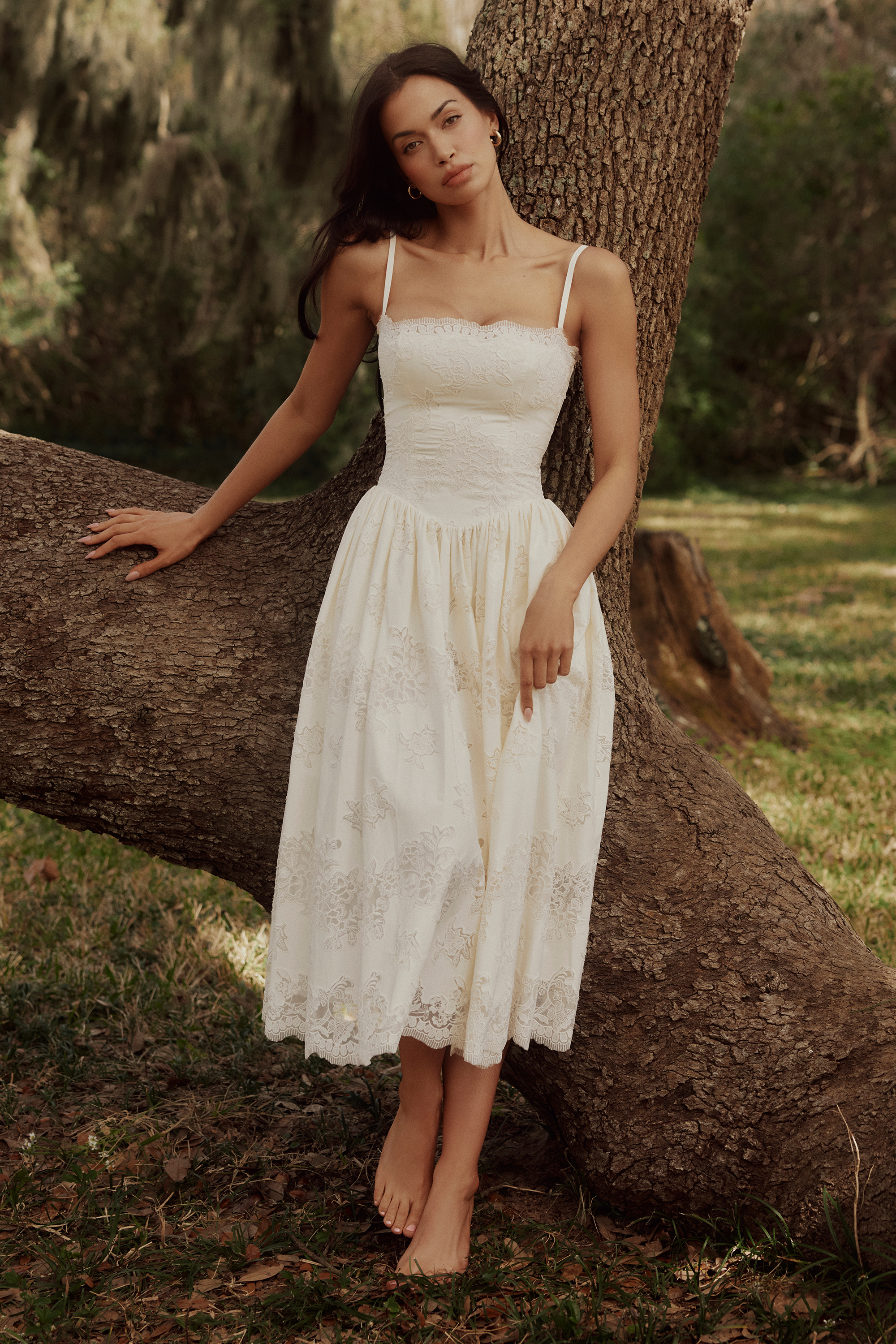 White Lace Cotton Corset Midi Sundress