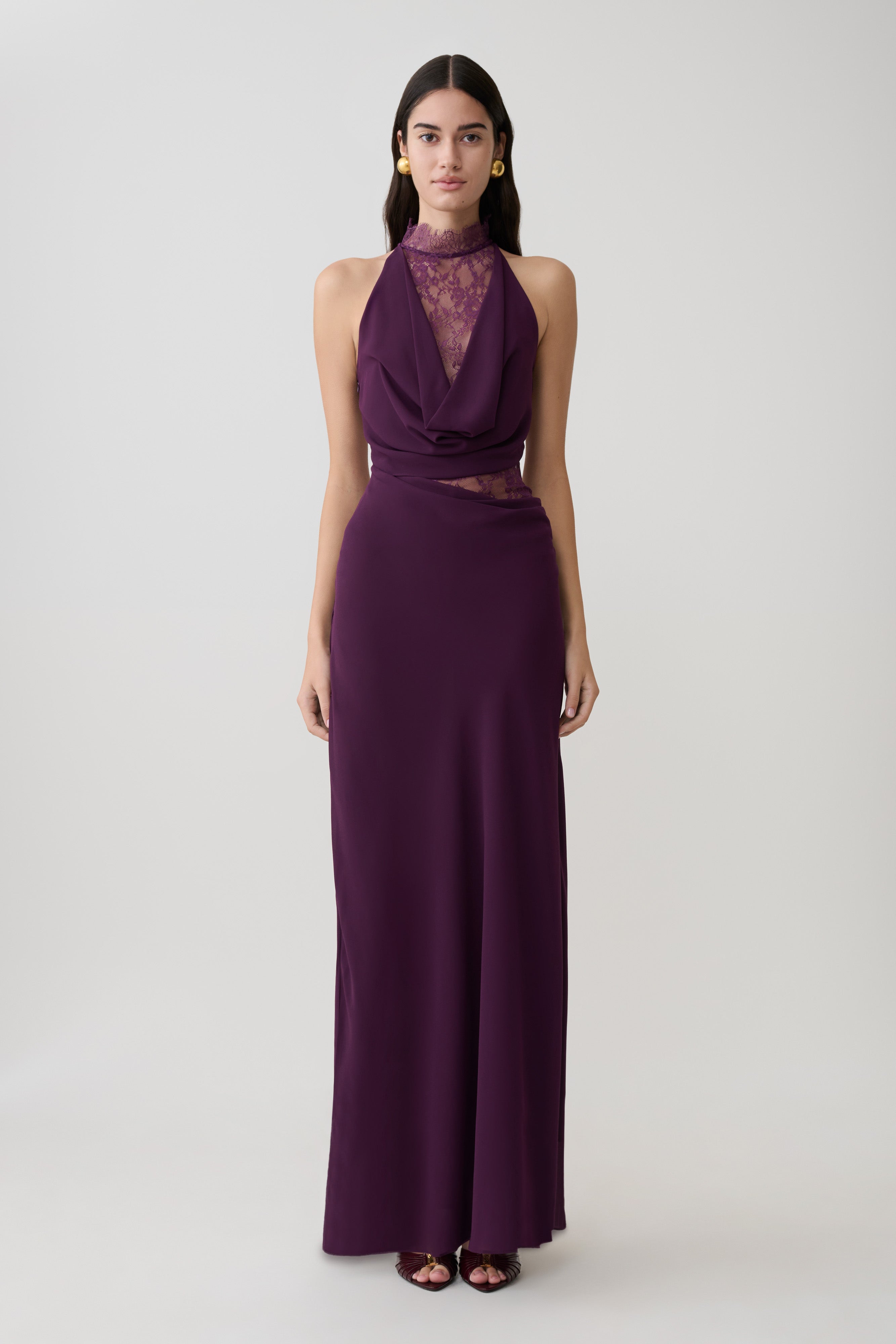 Chiffon And Lace Halter Maxi Dress - Plum
