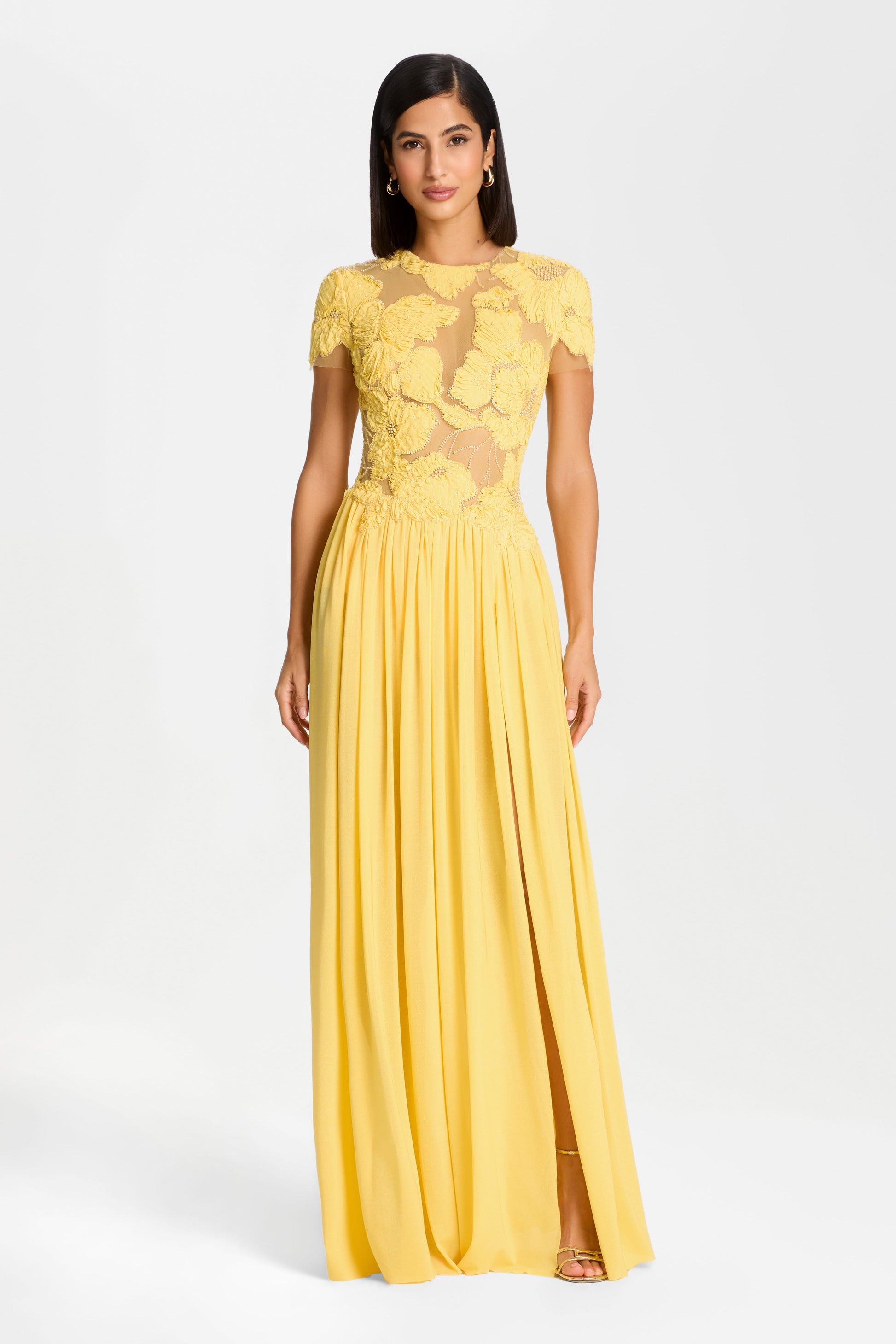 Sheer Neck Floral Applique High Slit Gown