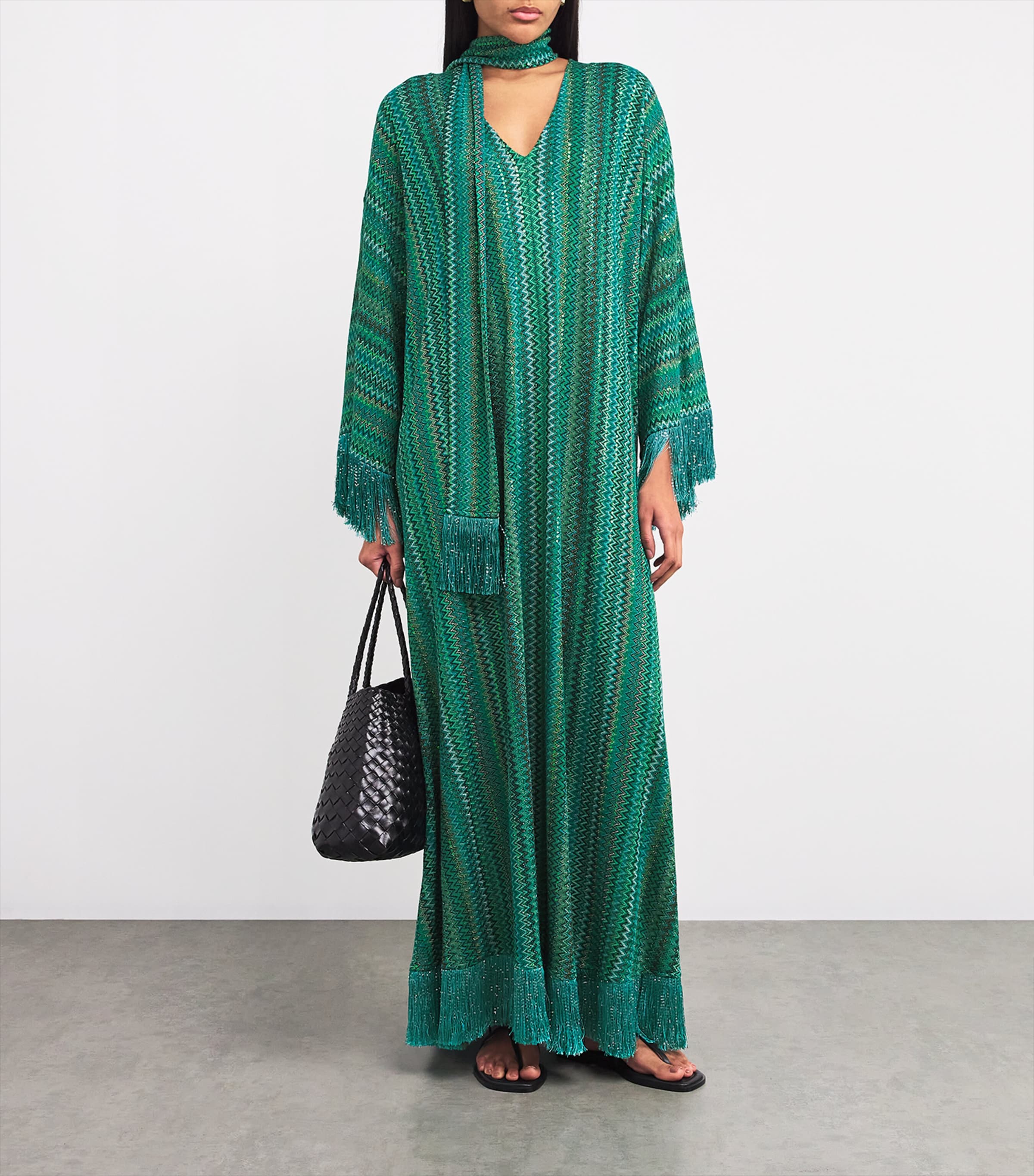 Green Zigzag Fringe Kaftan Maxi Dress
