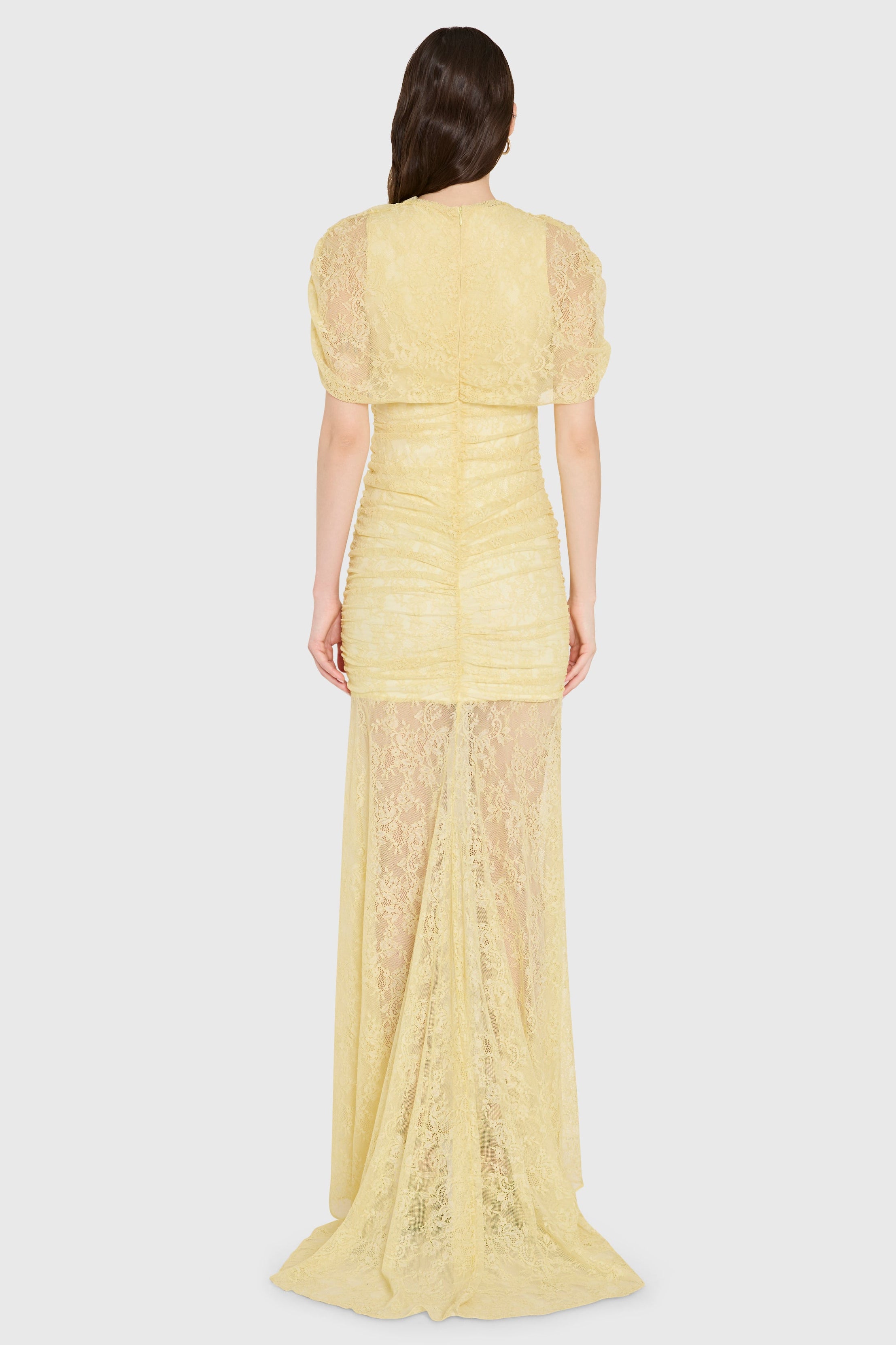 Evianna Pale Yellow Lace Ruched Maxi Dress