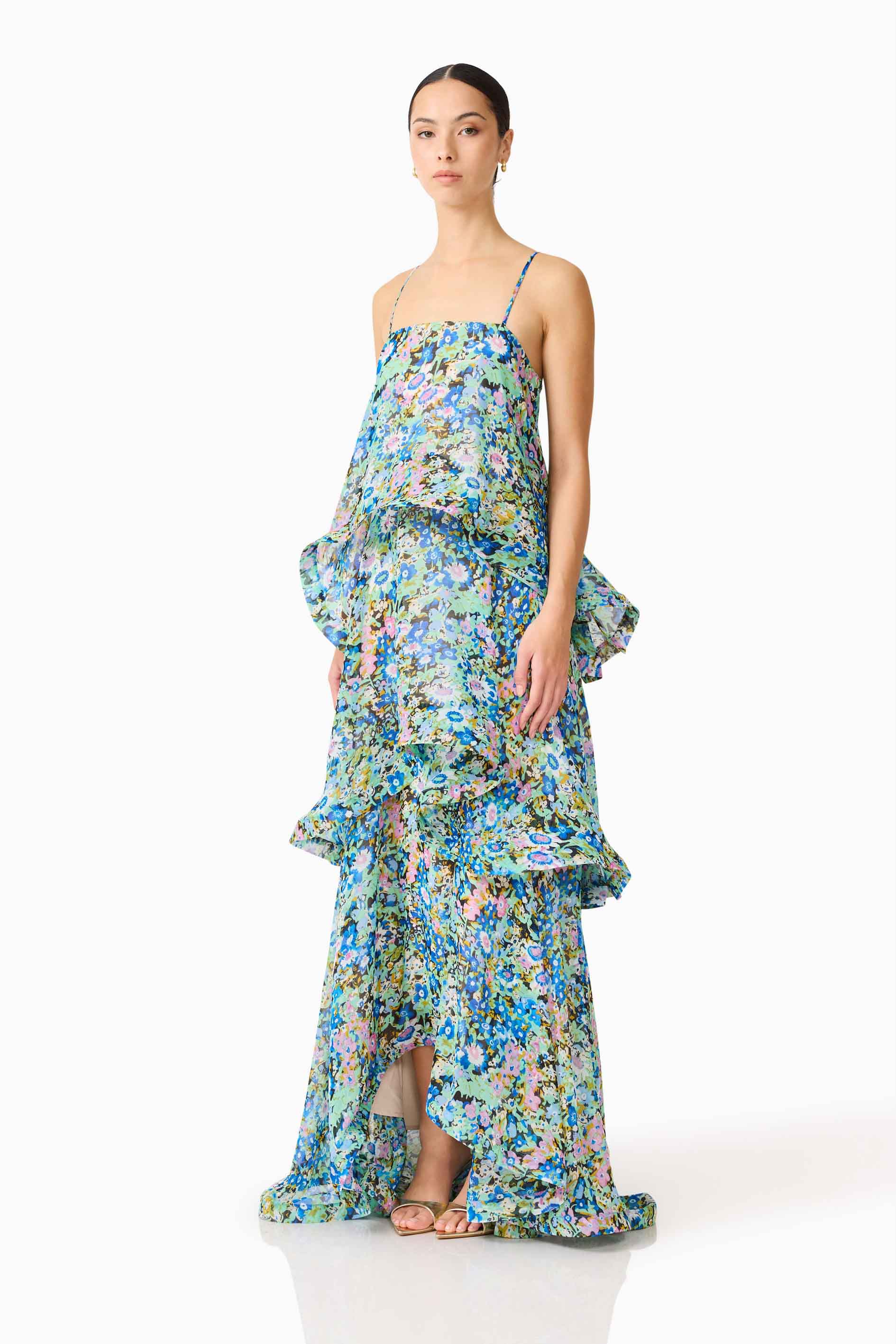 Armani Tiered Maxi Dress In Blue Floral