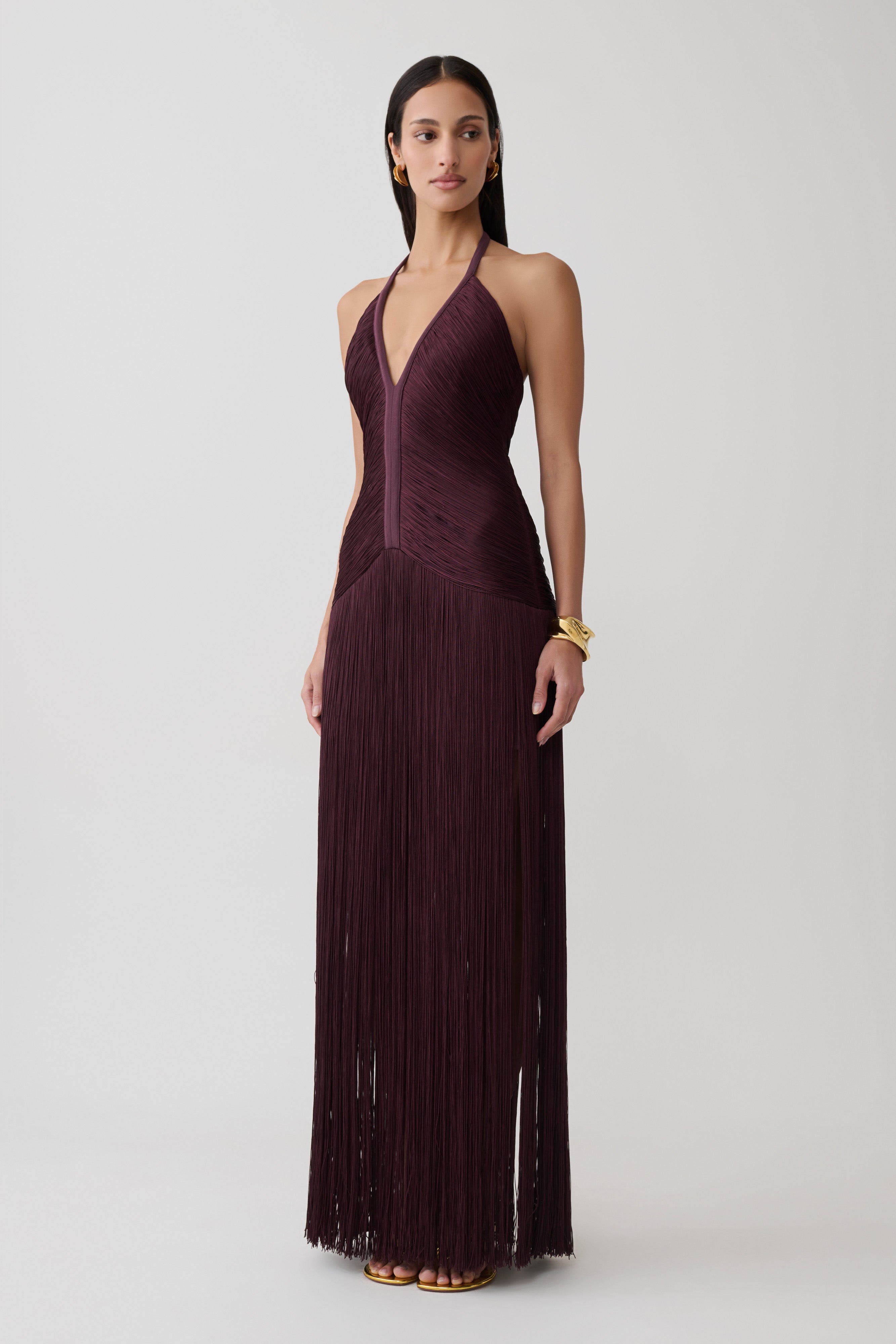 Plum Halter Fringe Maxi Dress