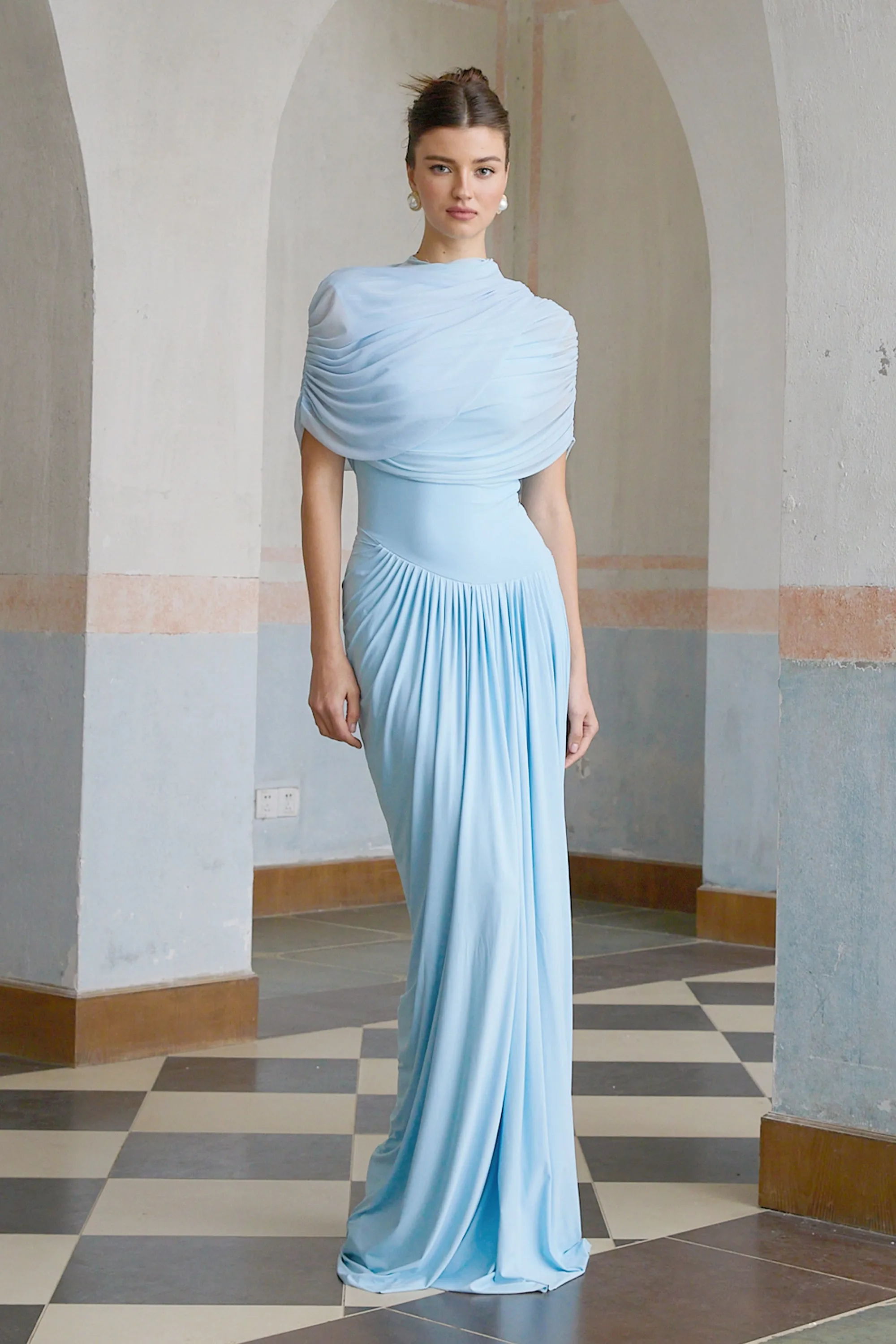 Catherine Asymmetrical Pleated Maxi Dress in Baby-blue