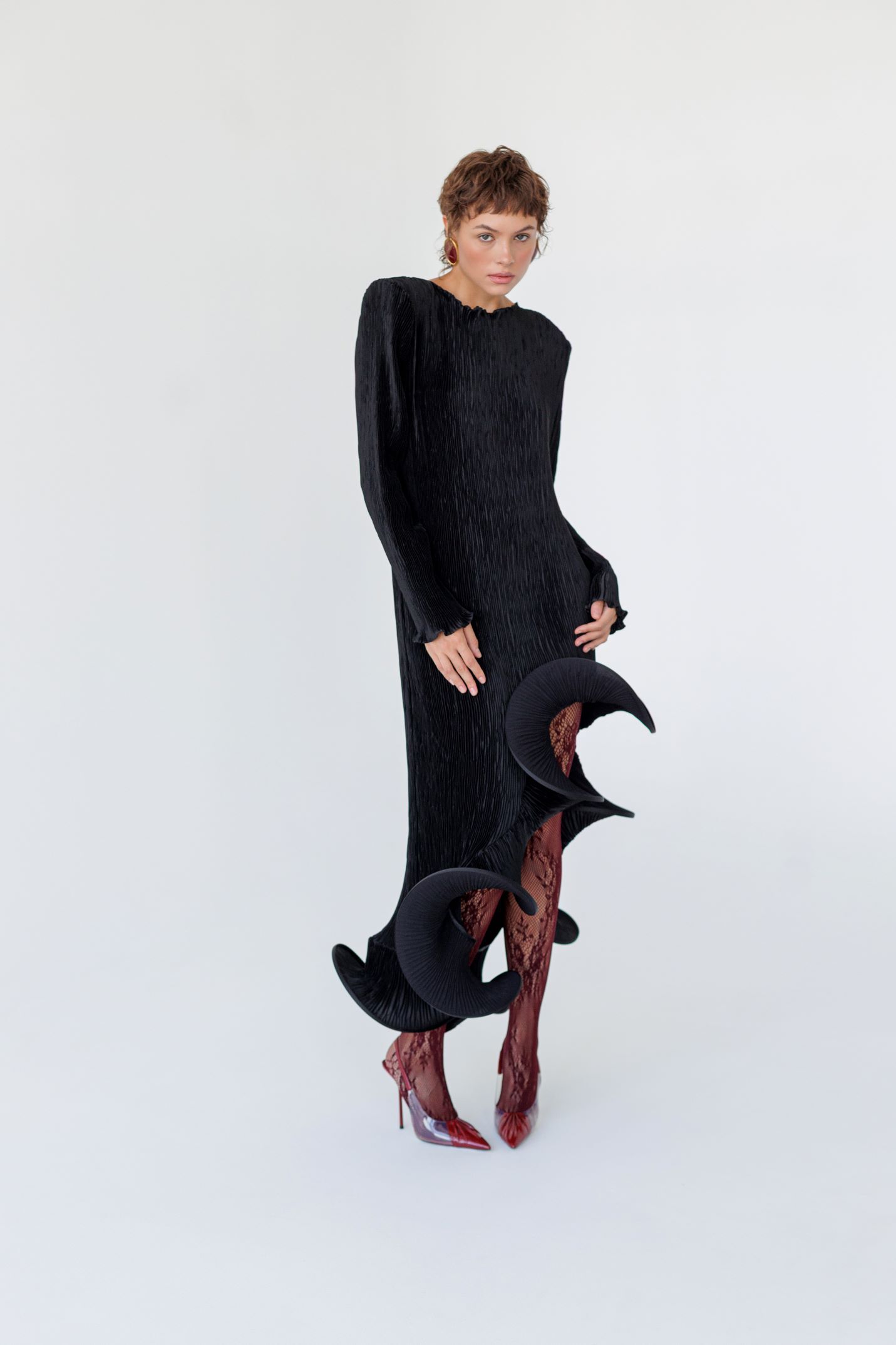 Flared Skirt with Ruffled Hem Long-sleeve Dress