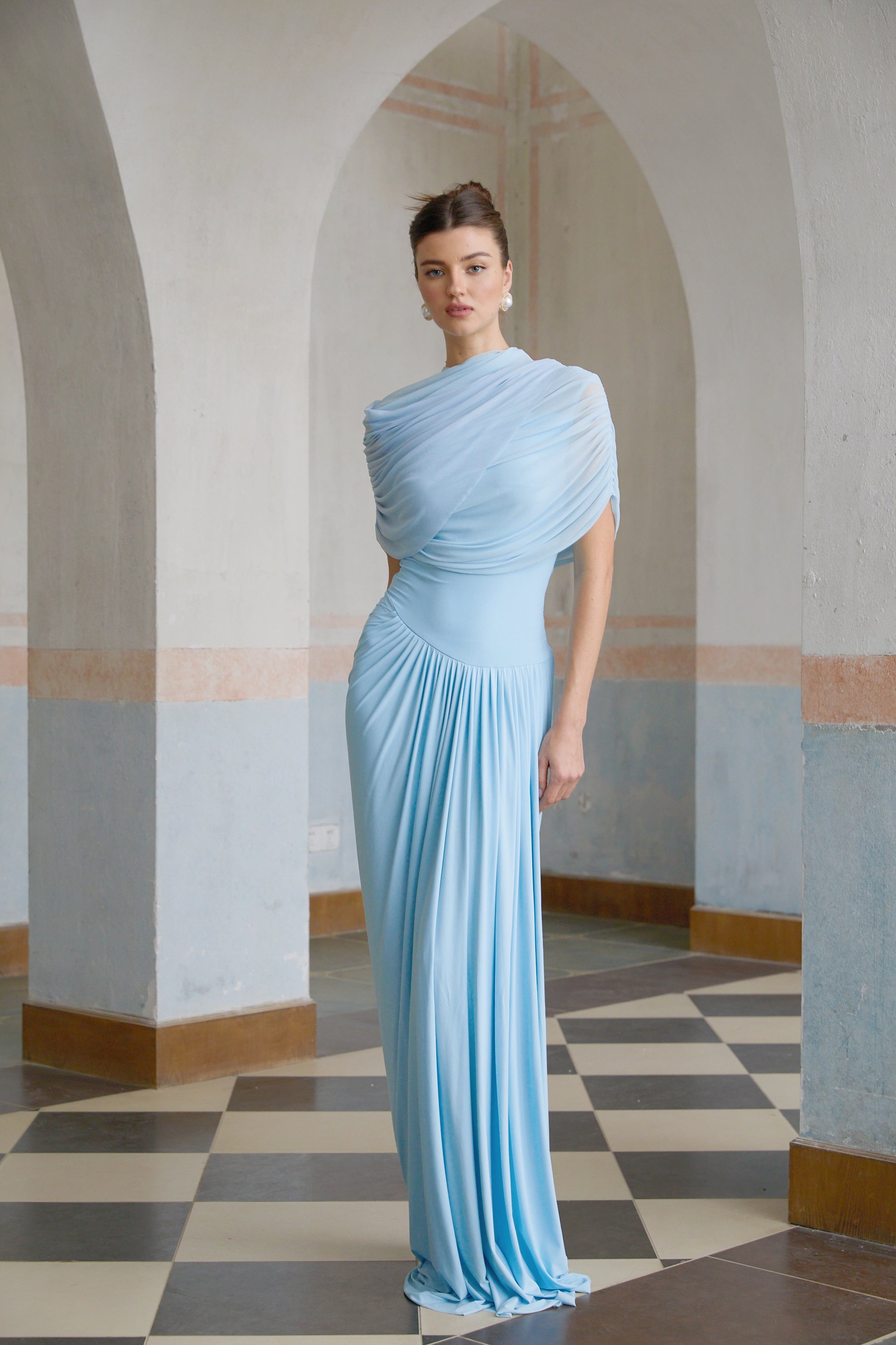 Catherine Asymmetrical Pleated Maxi Dress in Baby-blue