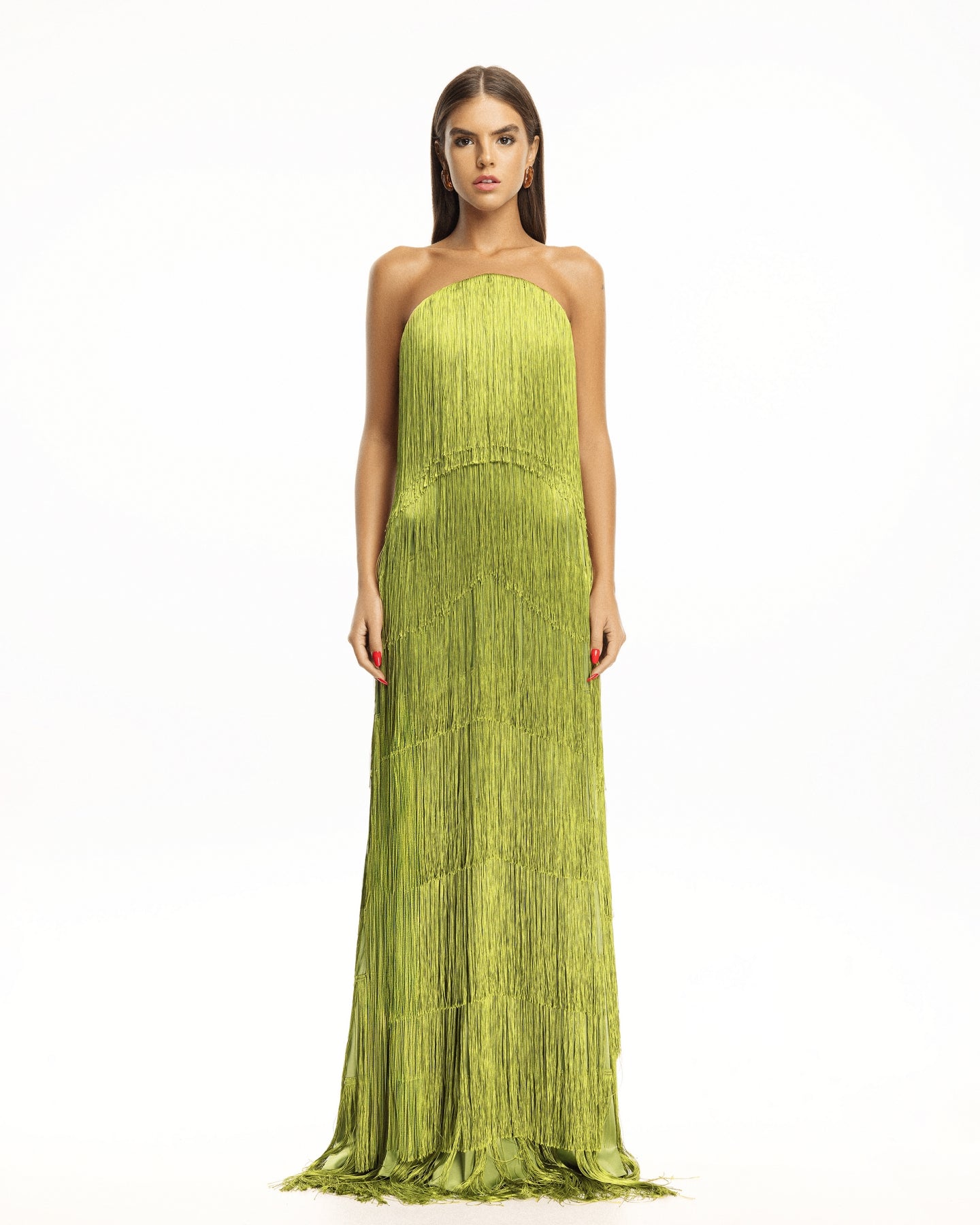 Monroe Pistachio Fringe Strapless Gown