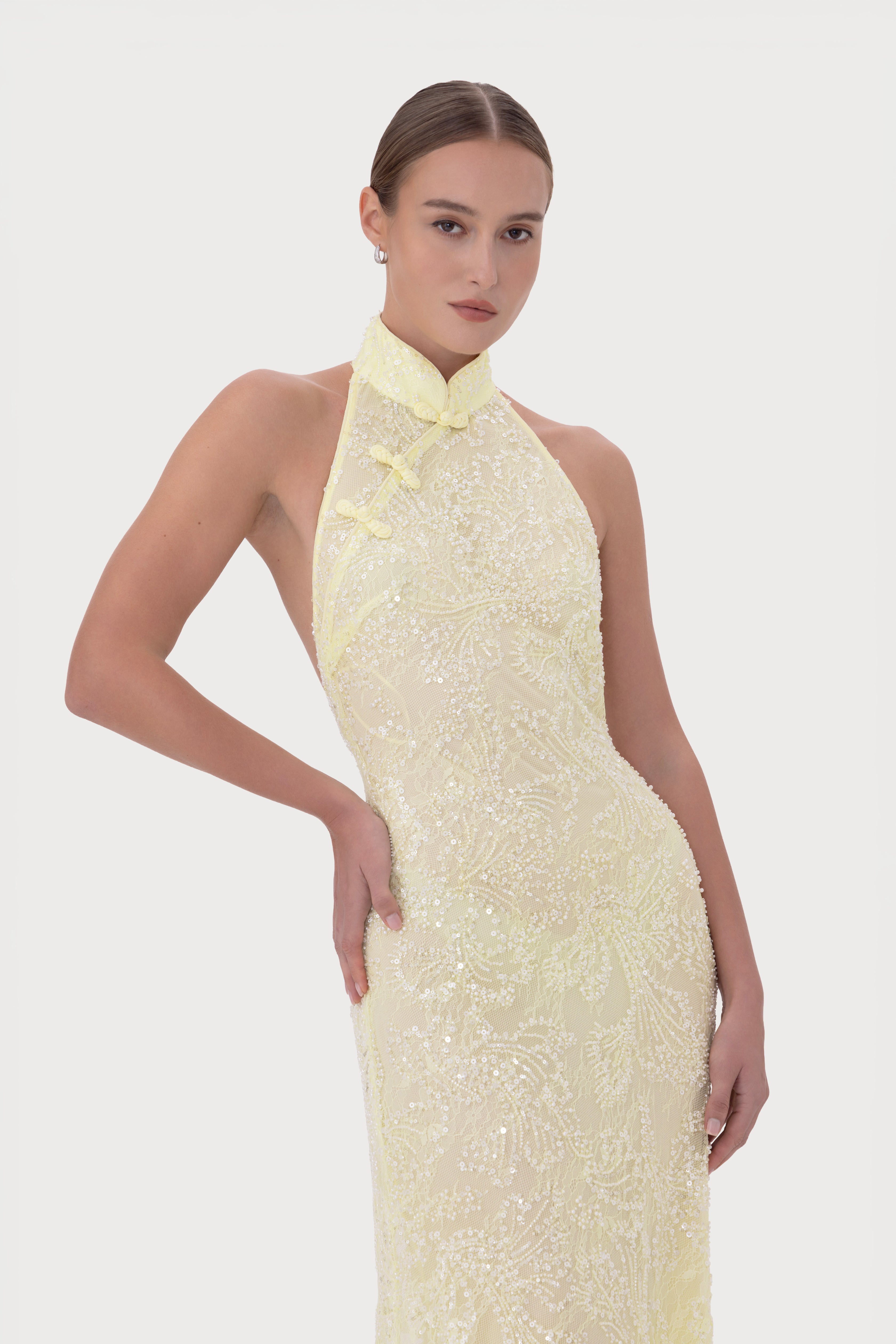 Grace Beaded Dress - Pale Yellow