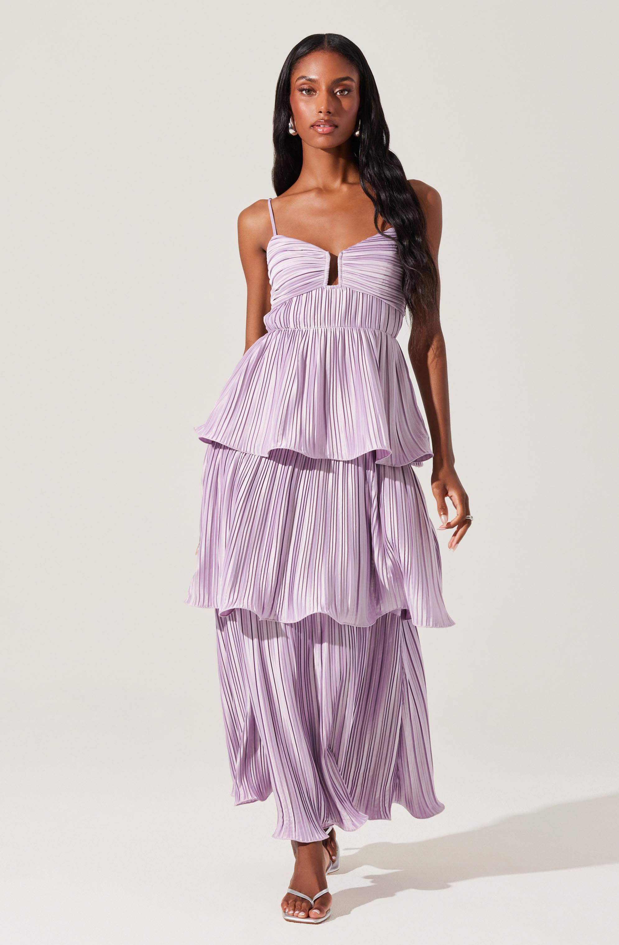 Lupin Pleated Tiered Maxi Dress - Lilac / XS