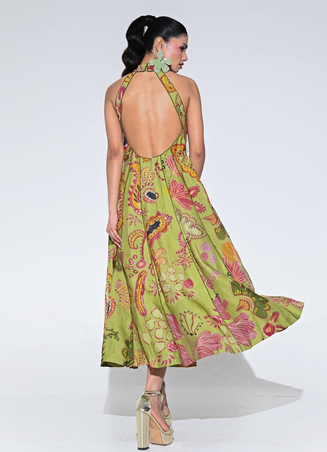 Olive Green Organza Halter Midi Dress
