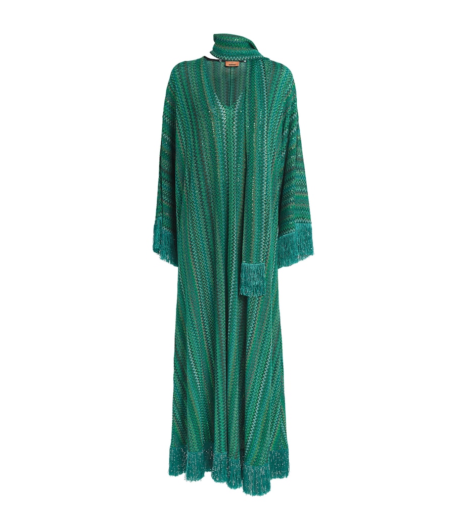Green Zigzag Fringe Kaftan Maxi Dress