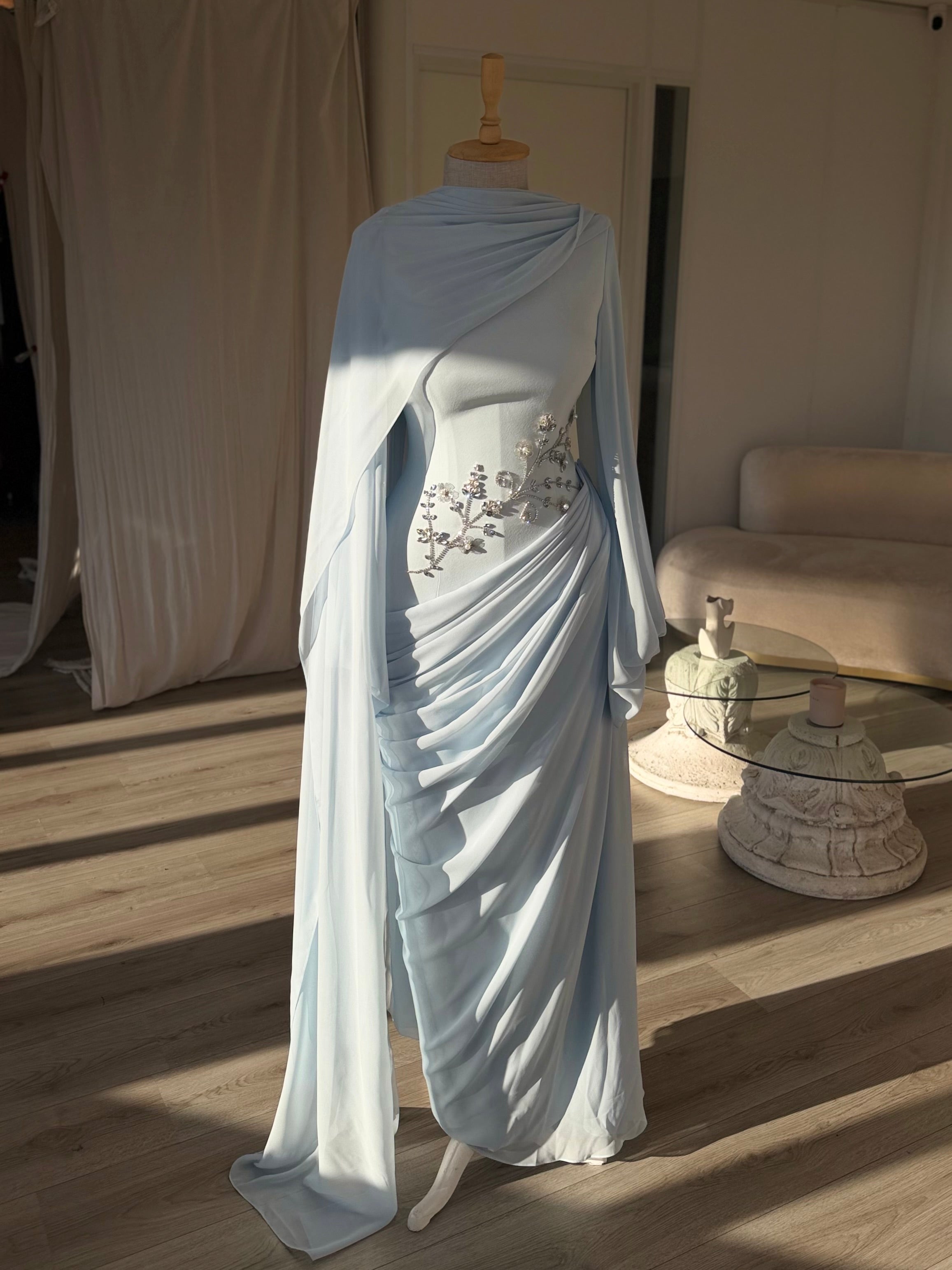 Draped Light Blue Cape Evening Dress