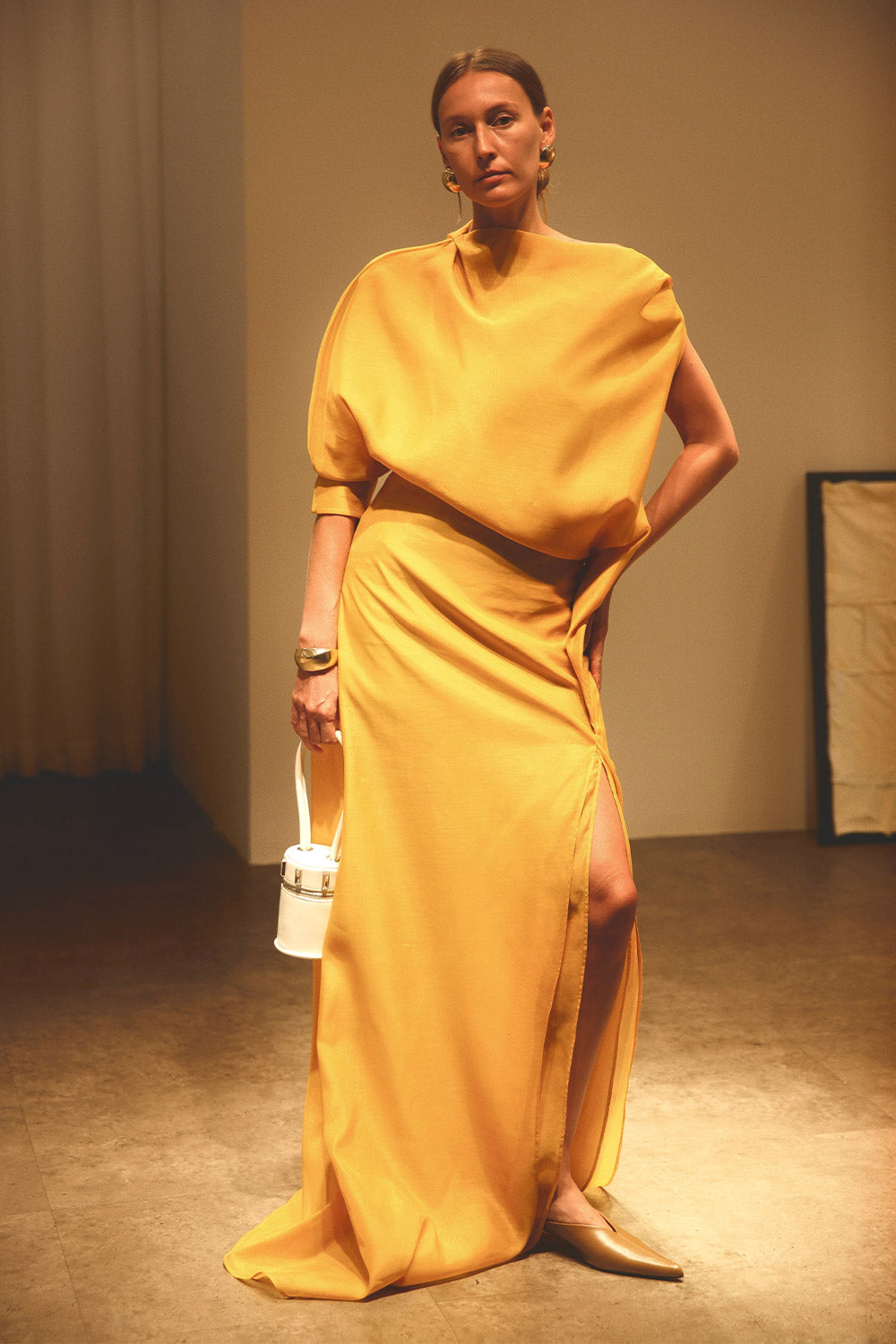 Anh Kim Asymmetric Front Slit Silk Organza Floor Length Dress
