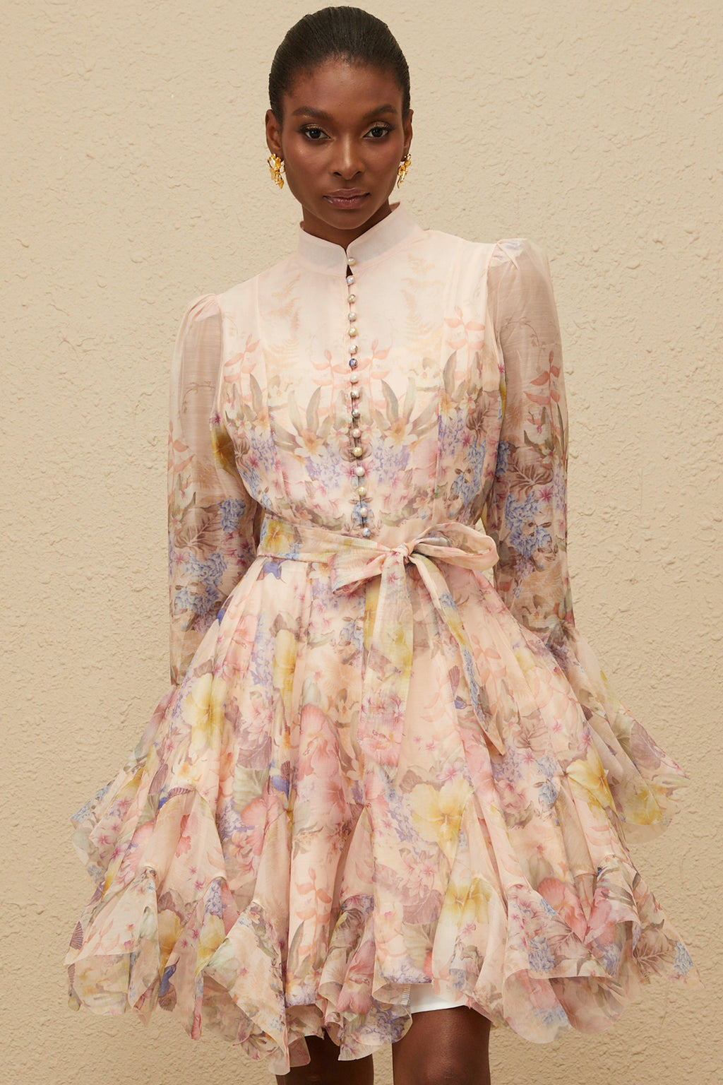 Aya Pink Godet Floral Mini Dress - S / Pink