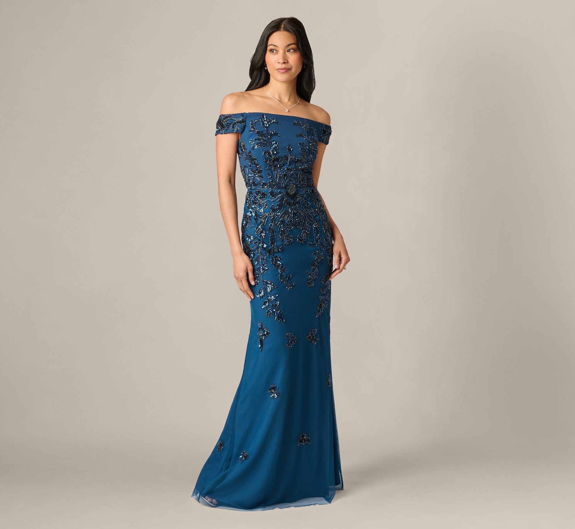 Off Shoulder Floral Beaded Stretch Crepe Mermaid Gown In Deep Blue
