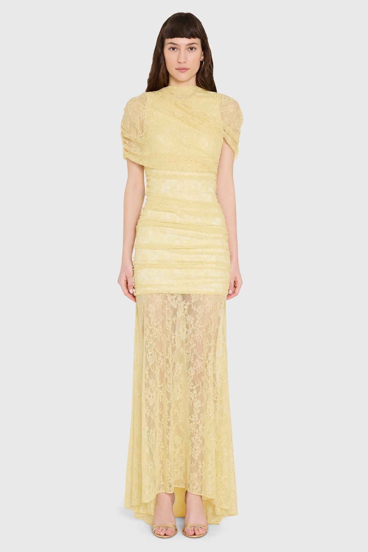 Evianna Pale Yellow Lace Ruched Maxi Dress