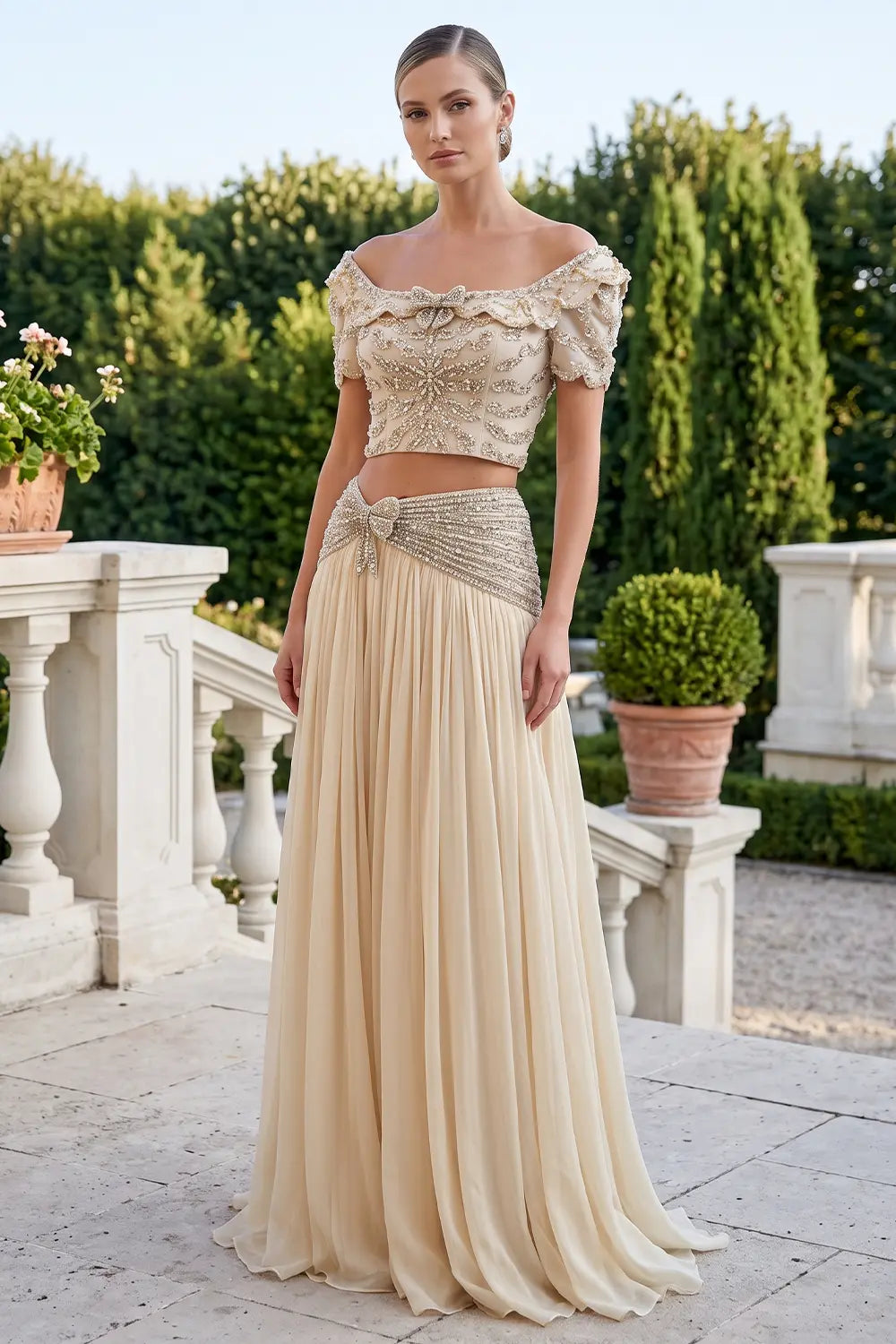 Champagne Beaded Two Piece Evening Dress SS544